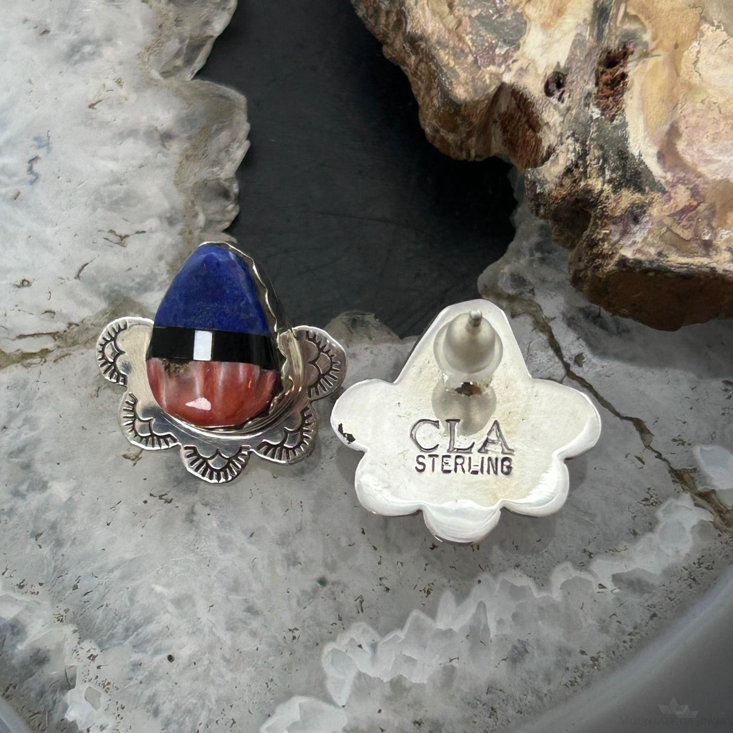 Clifton Aguilar Sterling Silver Teardrop Multistone Inlay Stud Earrings For Women