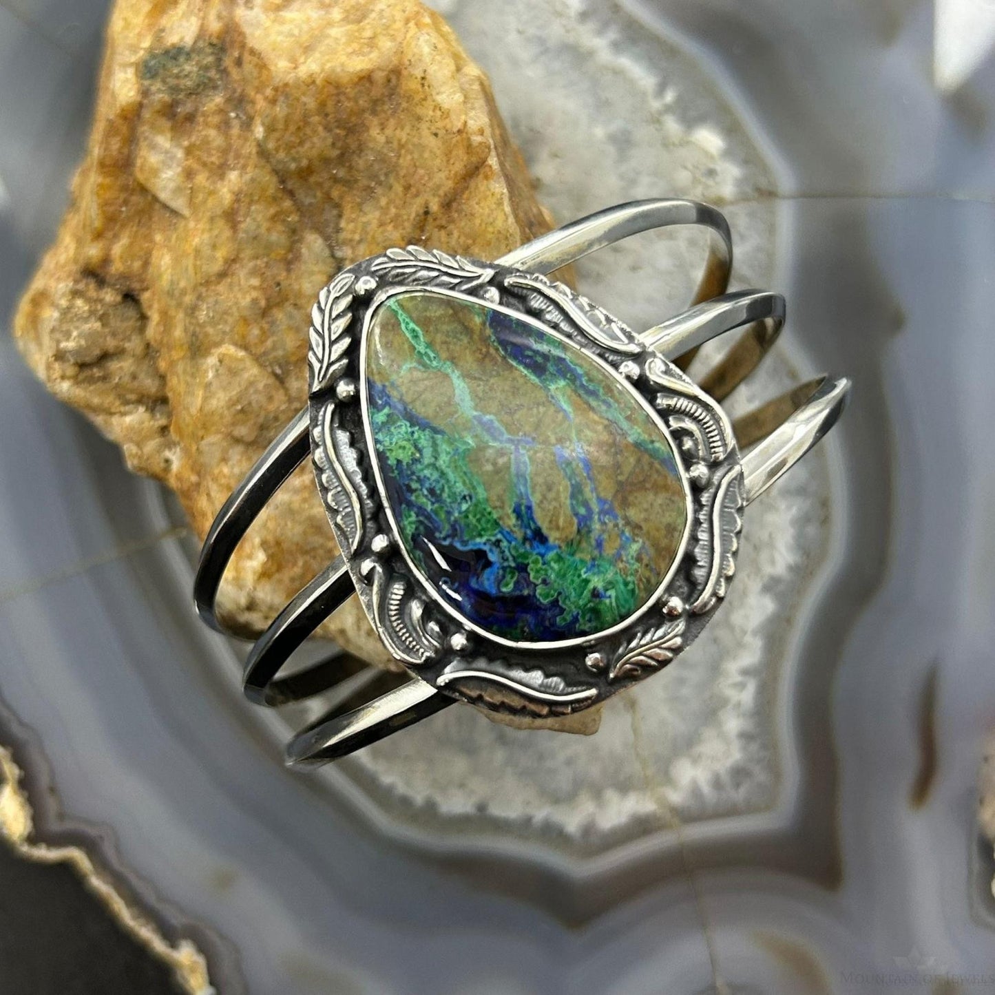 Sterling Silver Southwestern Style Large Teardrop Azurite Malachite Bracelet For Women