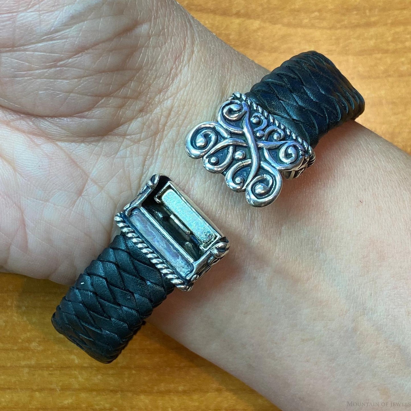 Carolyn Pollack Sterling Silver Gray Mother of Pearl Doublet Braided Leather Bracelet For Women