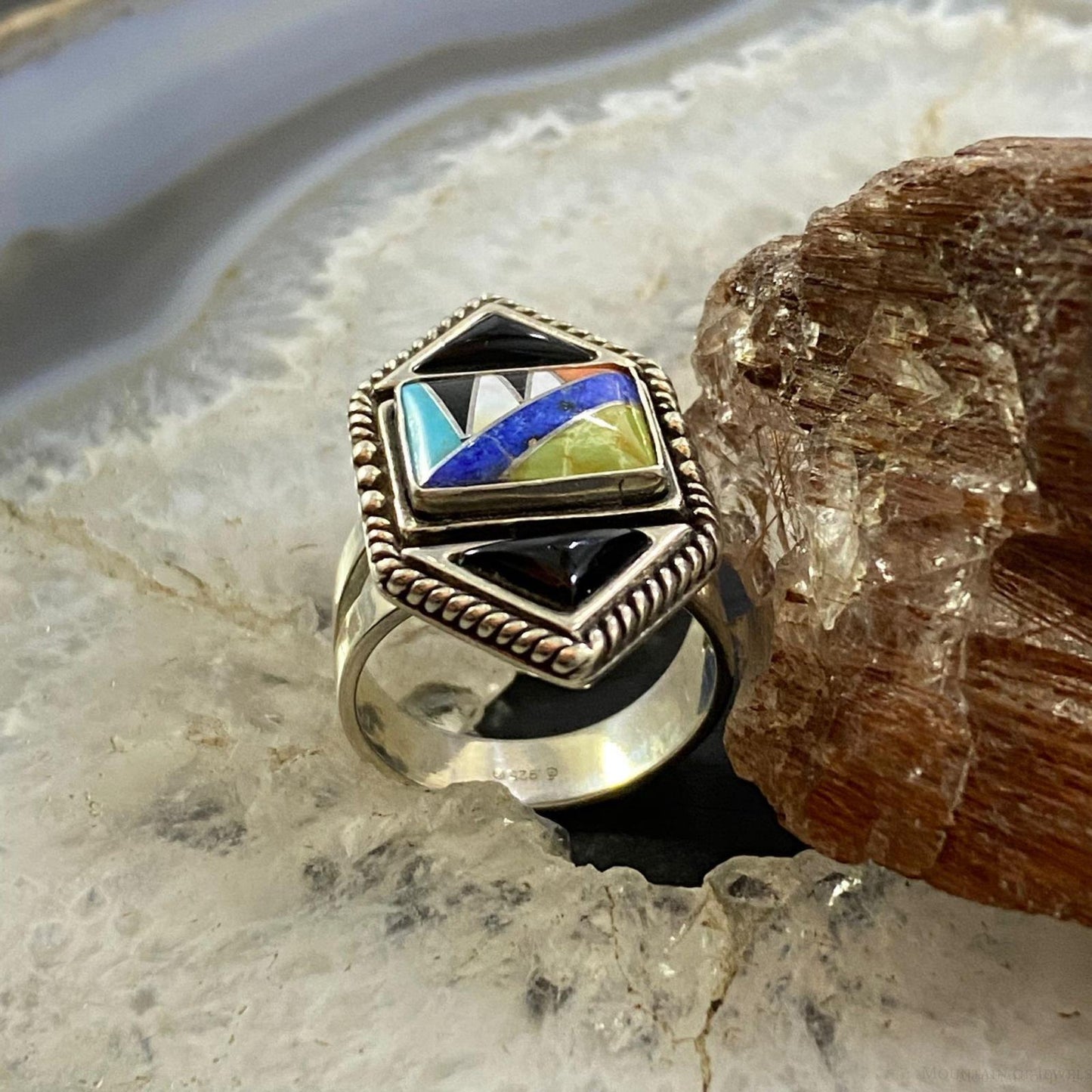 Carolyn Pollack Southwestern Style Sterling Silver Multistone Inlay Decorated Ring For Women