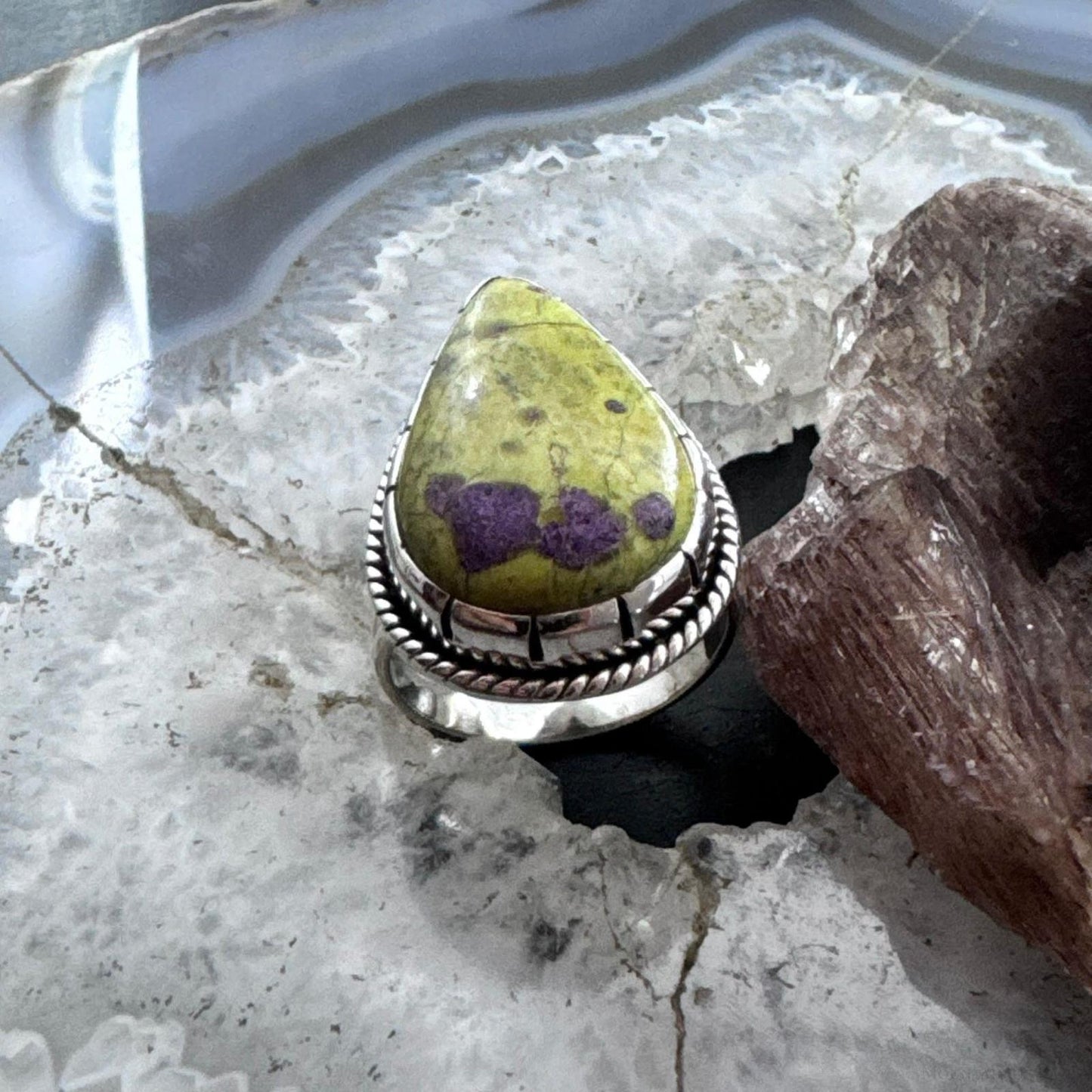 Sterling Silver Southwestern Style Teardrop Atlantisite Decorated Ring Size 9 For Women