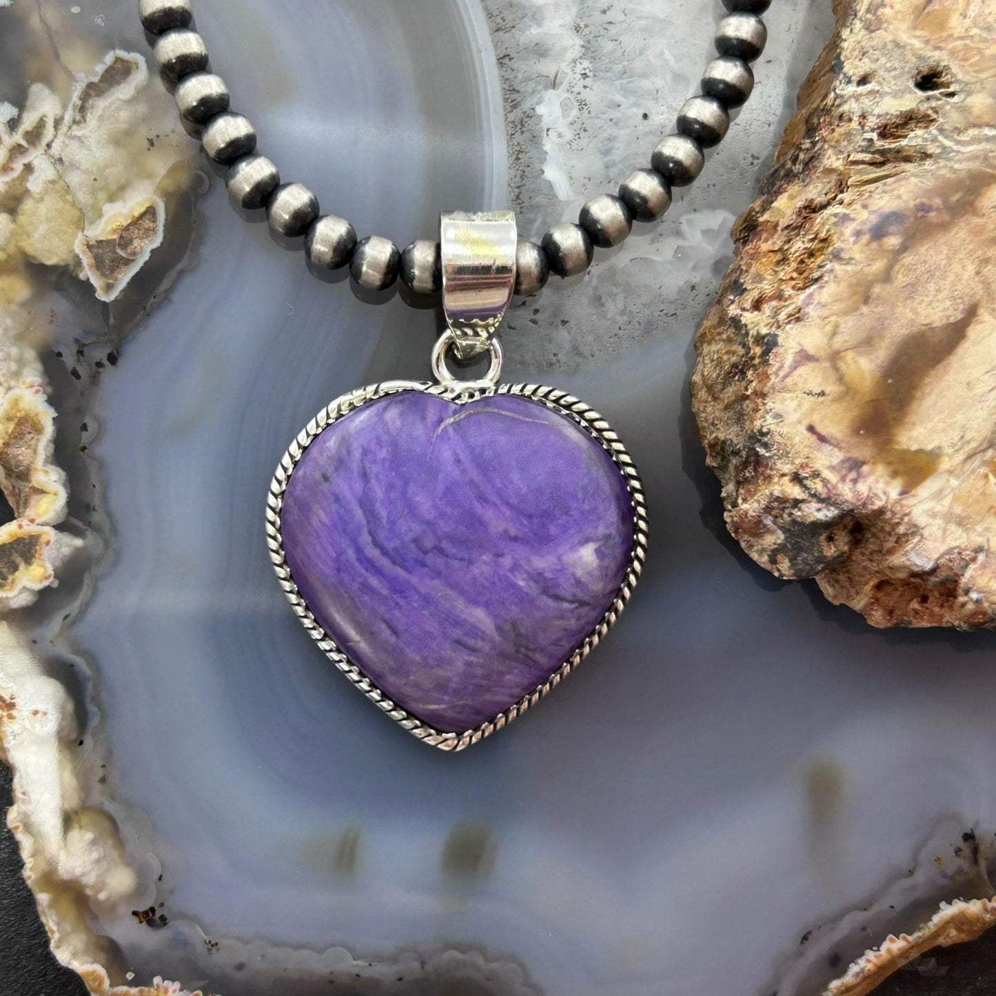 Sterling Silver Southwestern Style Charoite Heart Pendant For Women #1