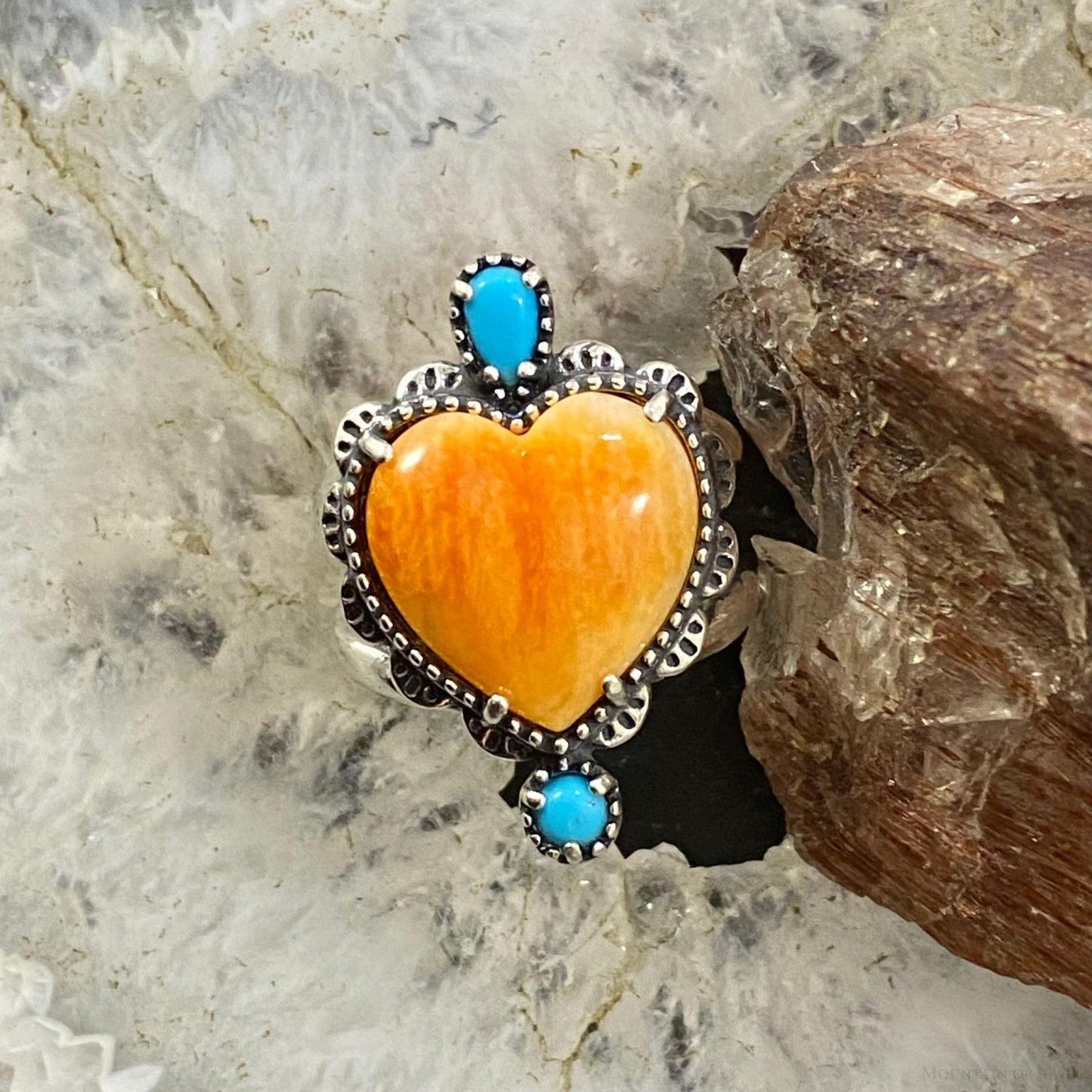 Carolyn Pollack Sterling Silver Orange Spiny Oyster Heart & Turquoise Decorated Ring For Women, Variety of Sizes