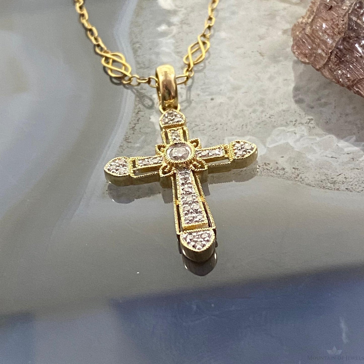 14K Two Tone Yellow & Rose Gold w/Diamonds Cross Pendant For Women