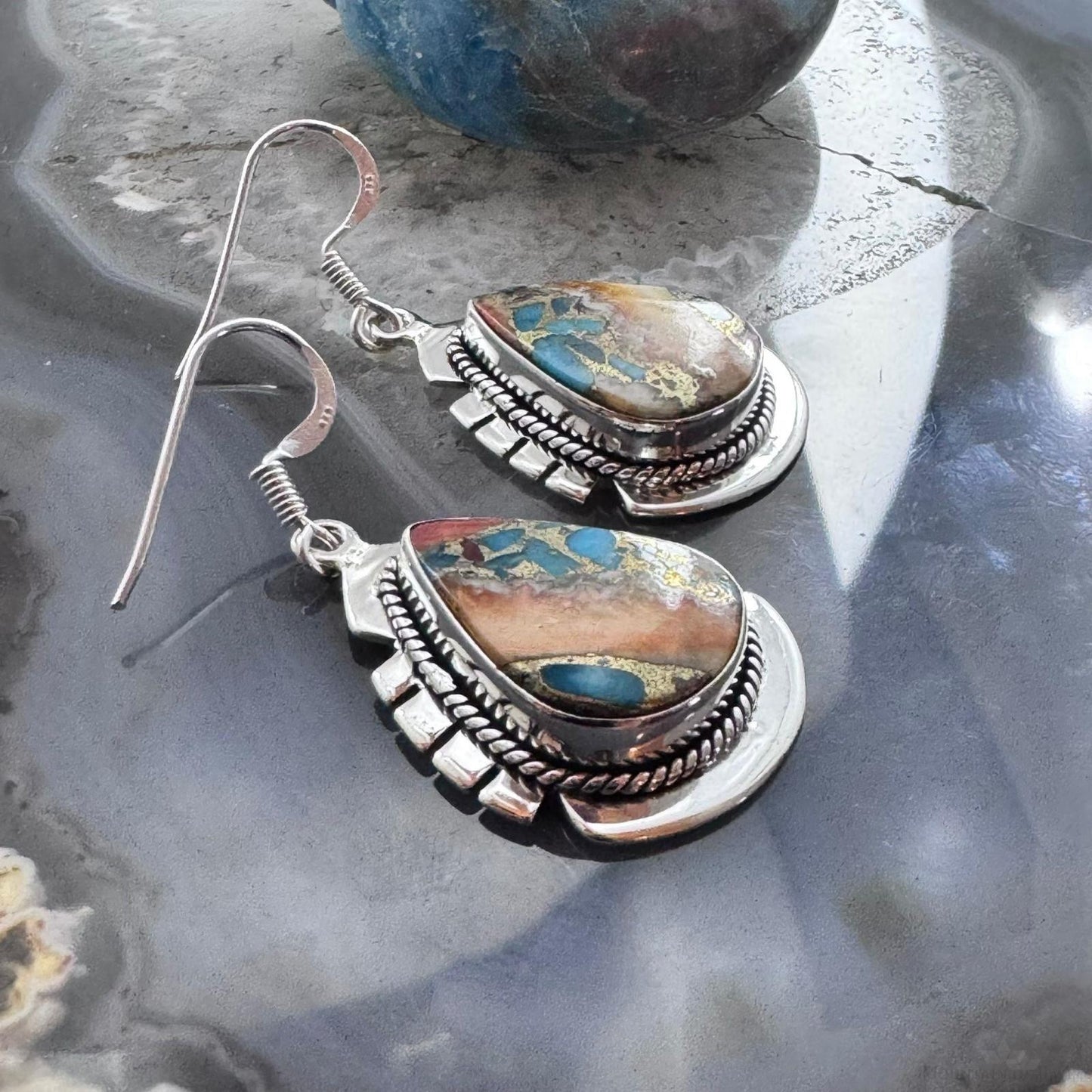 Sterling Silver Southwestern Style Teardrop Spiny & Turquoise Dangle Earrings For Women
