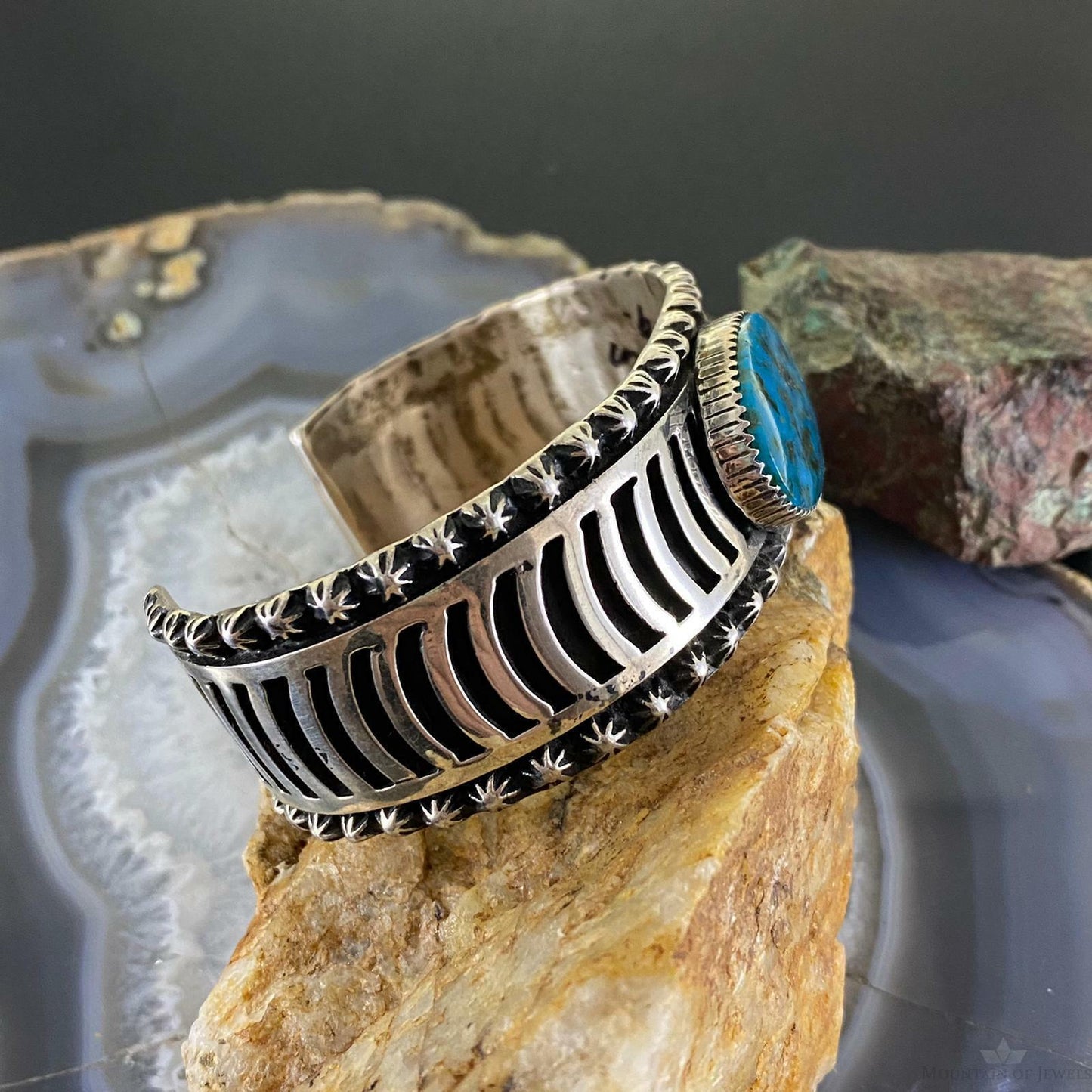 Lorenzo James Sterling Silver Overlay Stripes & Oval Turquoise Unisex Bracelet