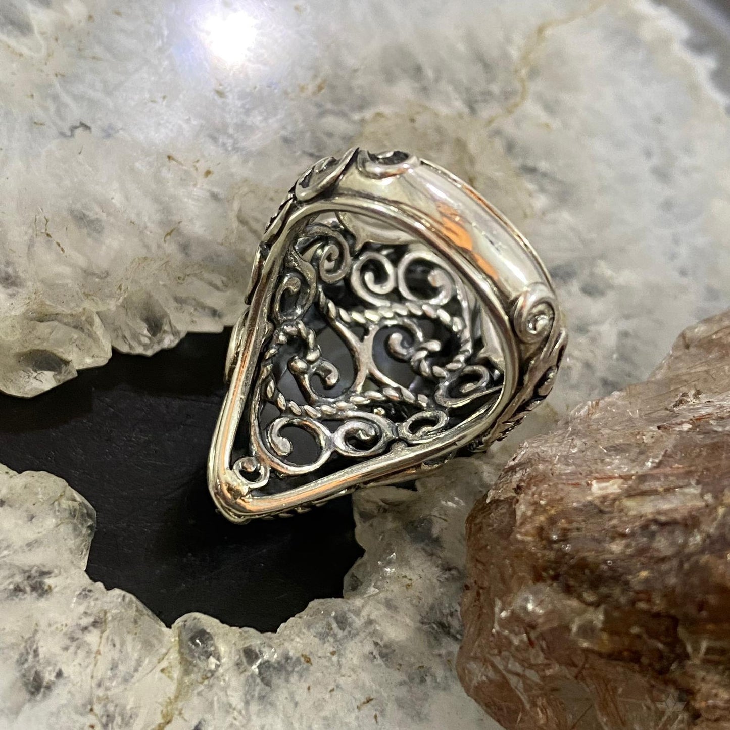 Carolyn Pollack Sterling Silver Marquise Faceted Blue Lace Agate Decorated Ring For Women