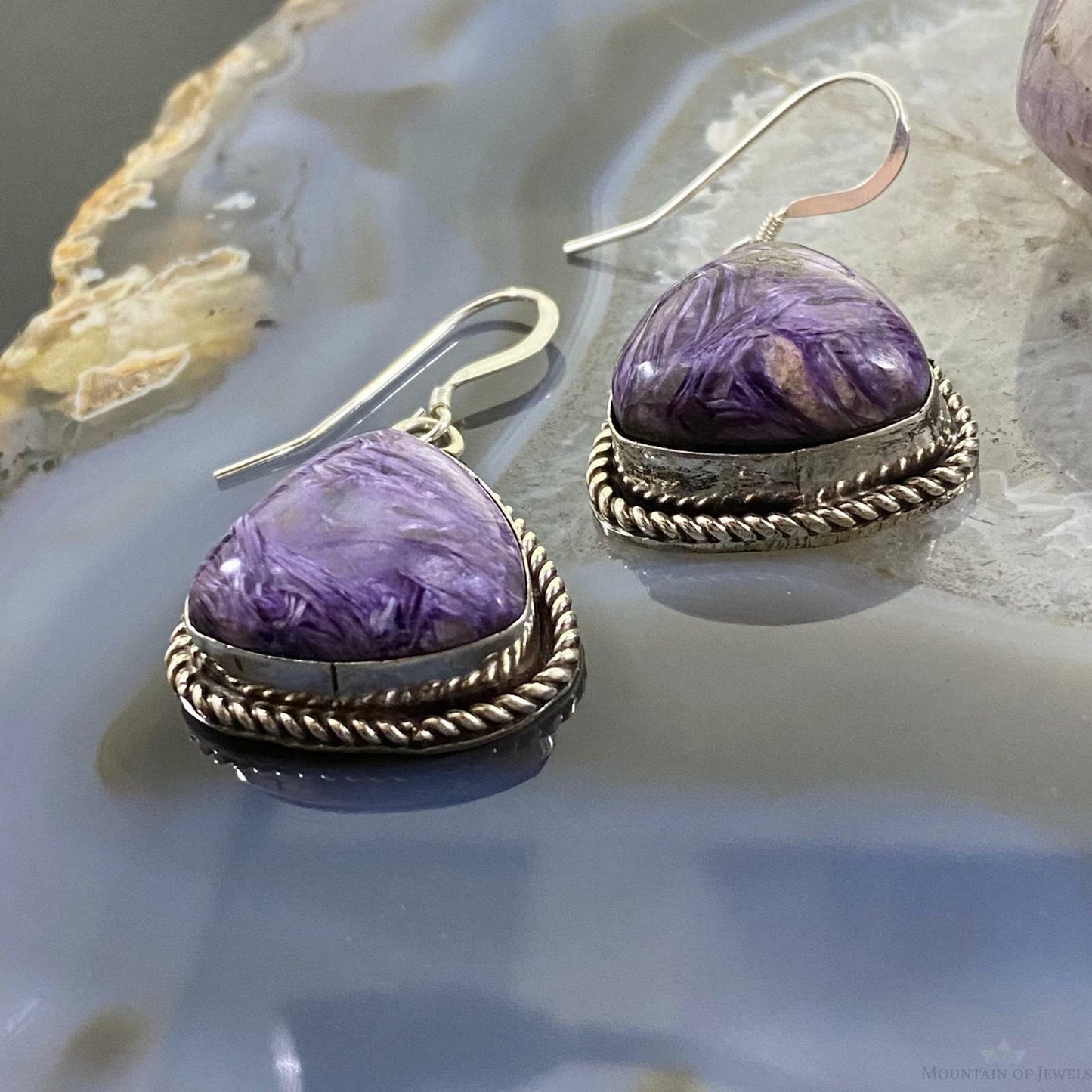 Native American Sterling Silver Triangle Charoite Dangle Earrings For Women