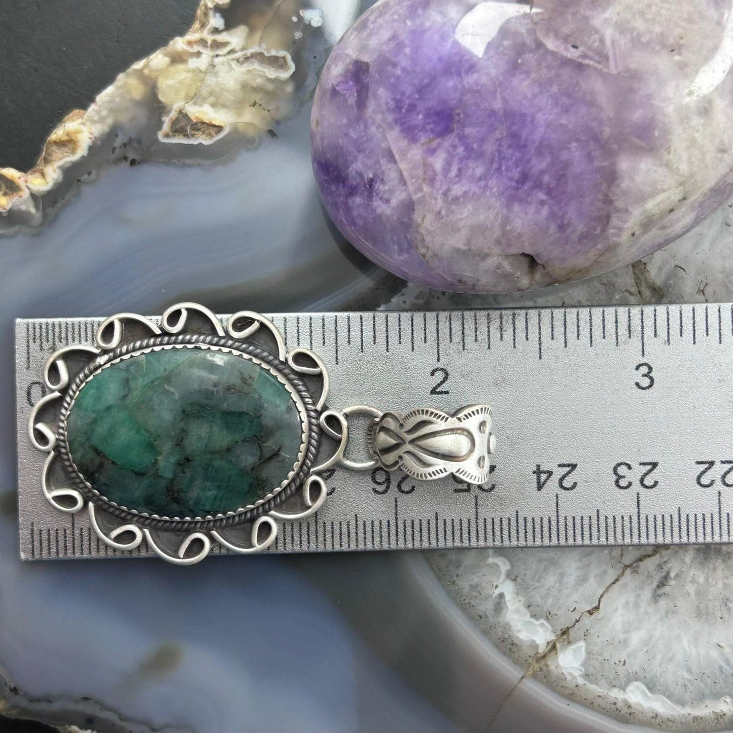 Sterling Silver Southwestern Style Oval Dark Emerald Decorated Pendant For Women