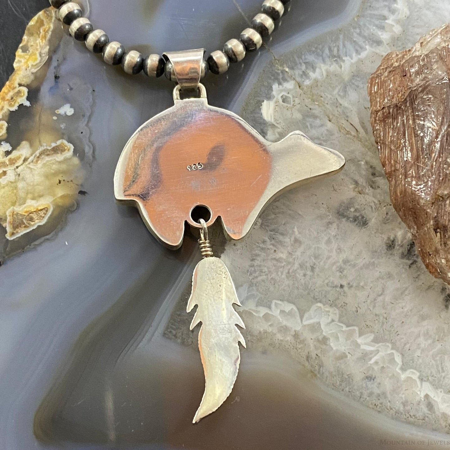 Native American Sterling Multistone Zuni Inlay Fetish Bear w/Feather Pendant