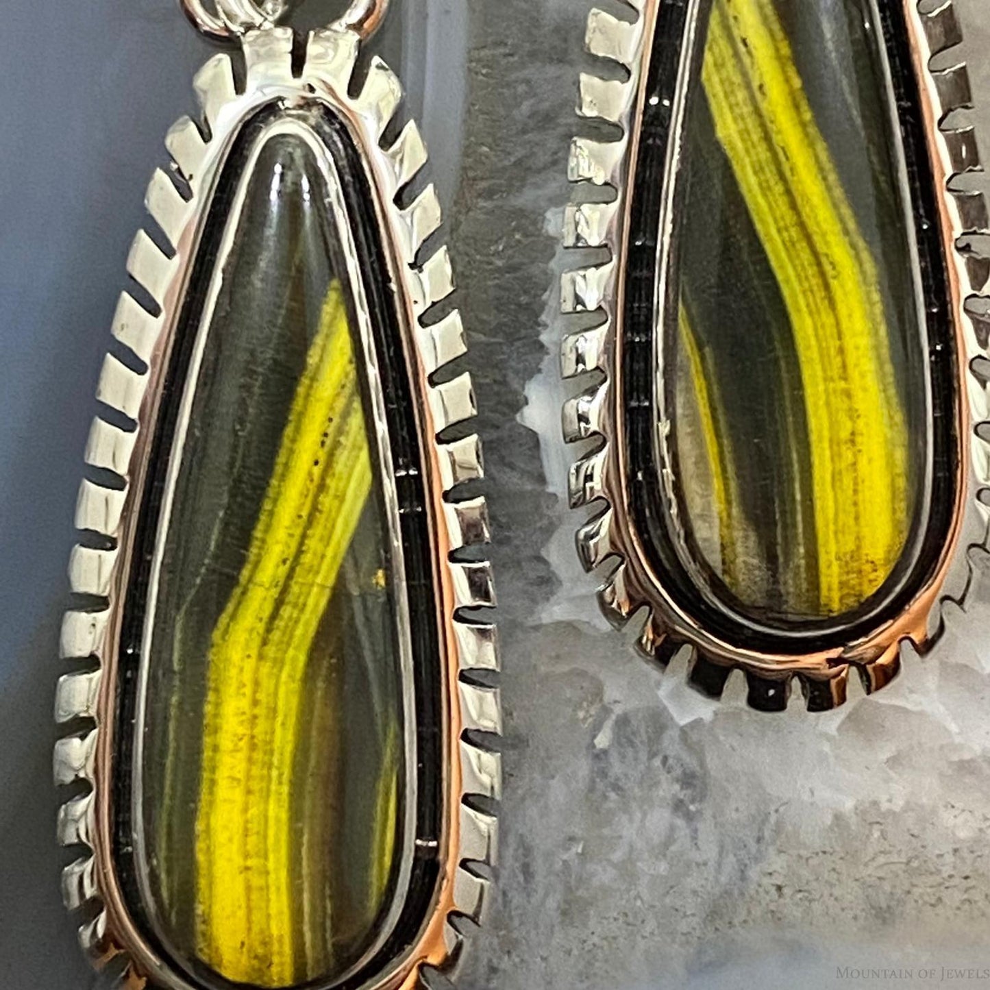 Native American Sterling Silver Teardrop Unique Bumblebee Jasper Dangle Earrings