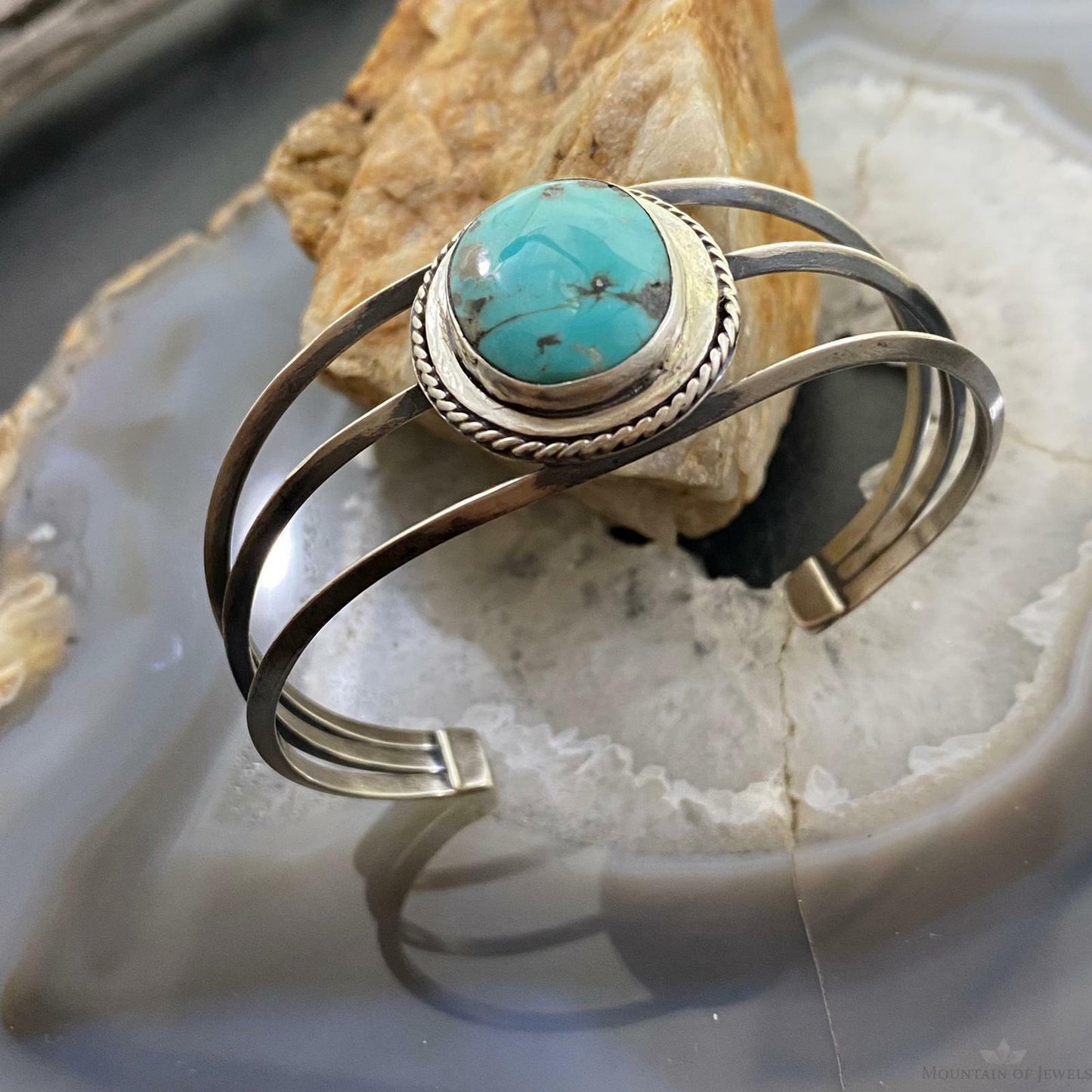 Native American Sterling Silver Oval Turquoise Split Shank Bracelet For Women