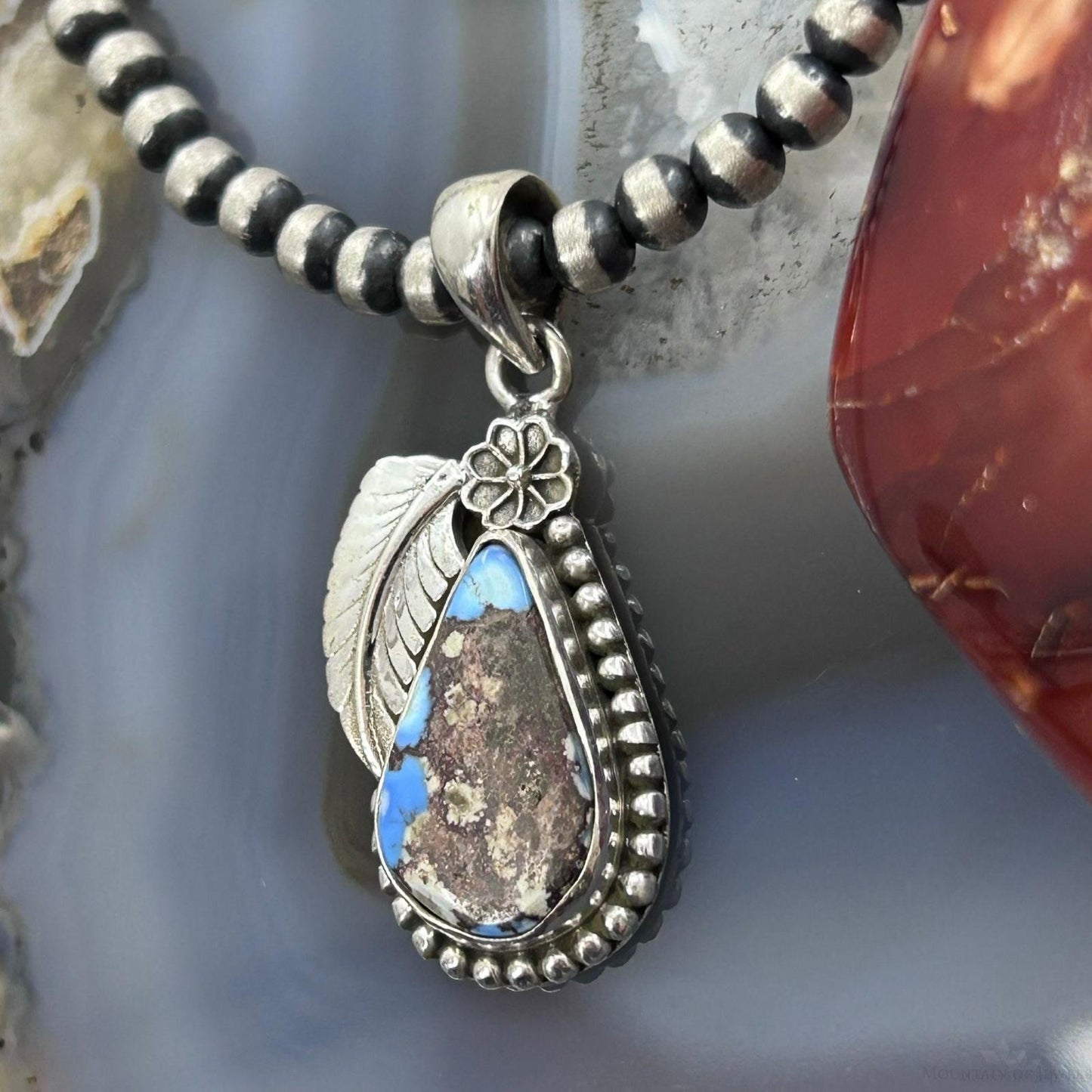 Sterling Silver Southwestern Style Teardrop Golden Hill Turquoise Leaves Pendant For Women