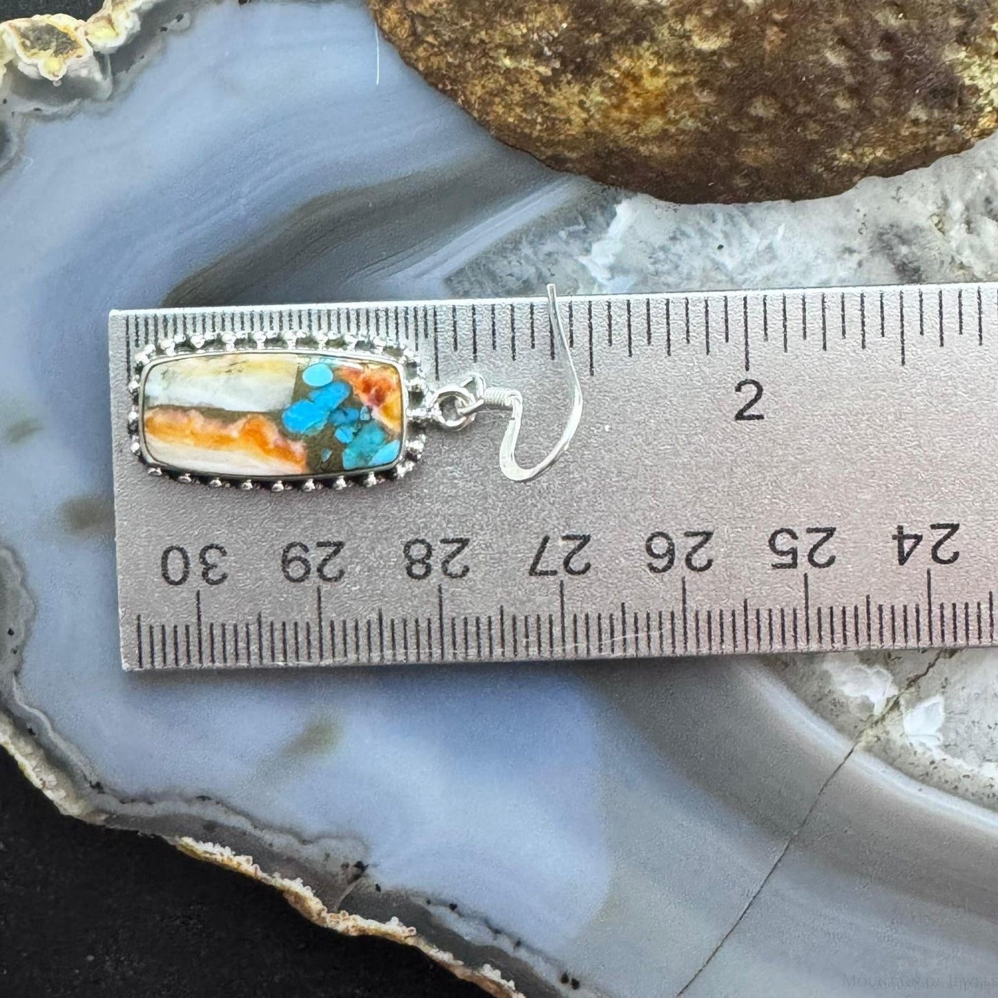 Sterling Silver Southwestern Style Rectangle Spiny & Turquoise Dangle Earrings For Women