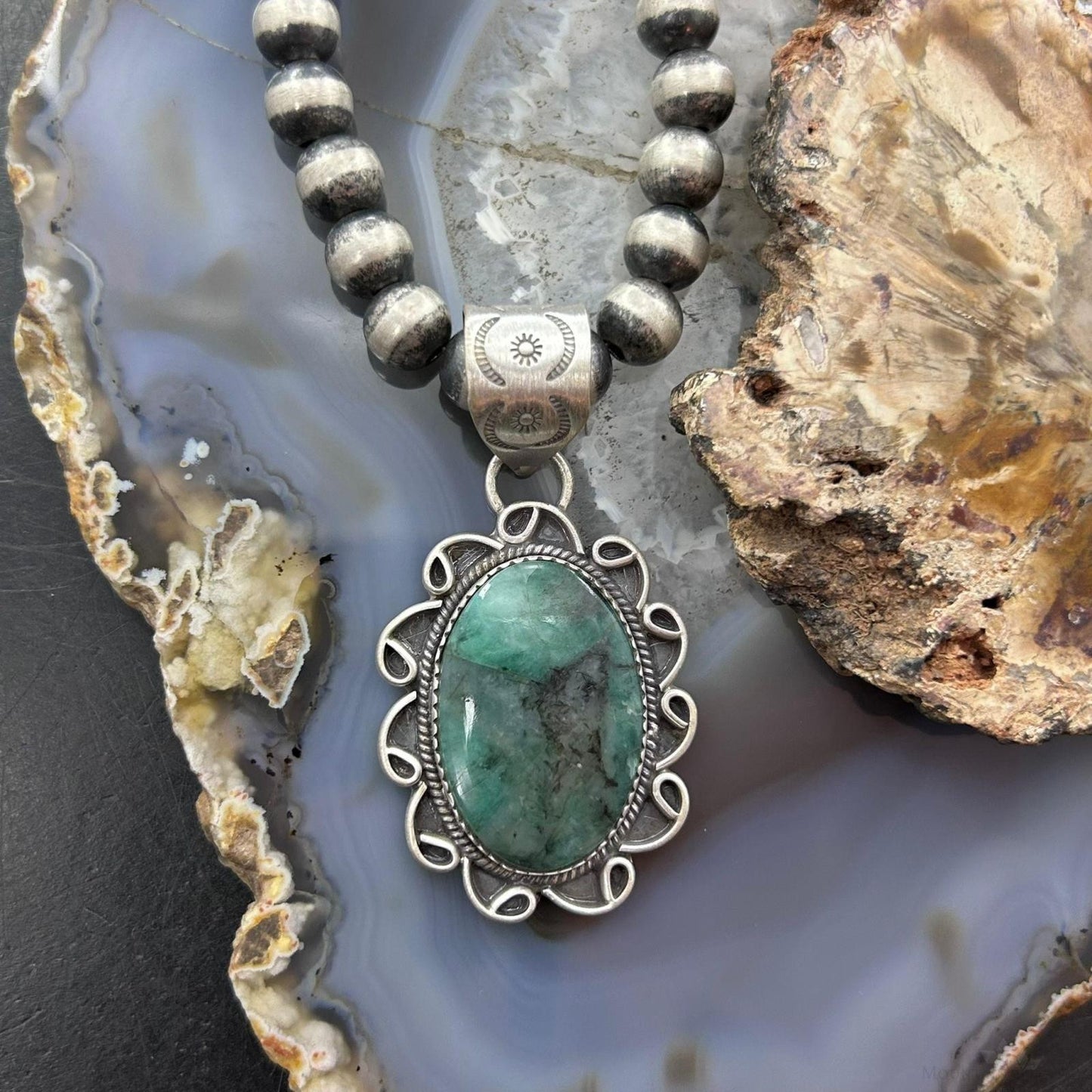 Sterling Silver Southwestern Style Oval Emerald Decorated Pendant For Women