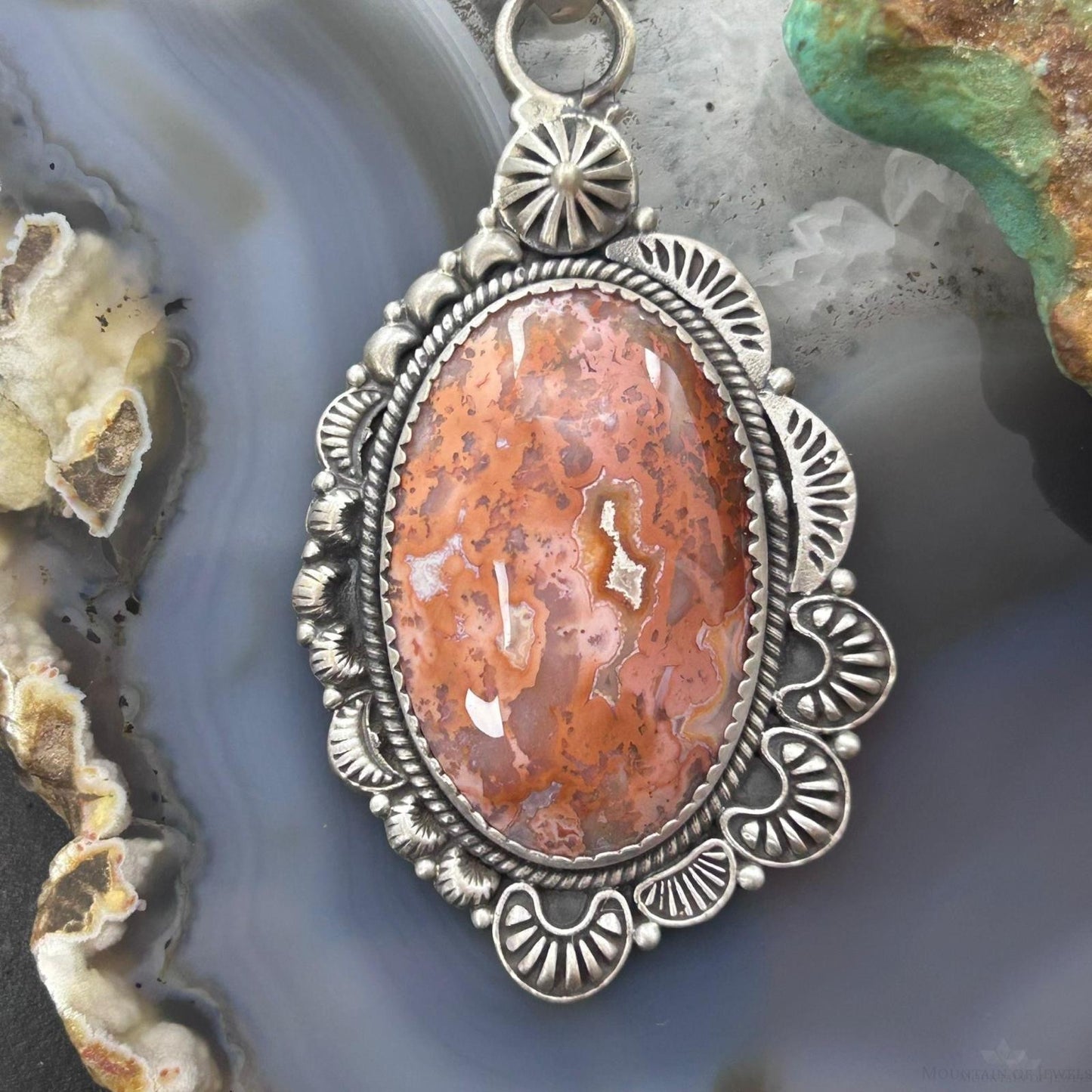 Sterling Silver Southwestern Style Oval Red Plum Jasper Decorated Pendant For Women