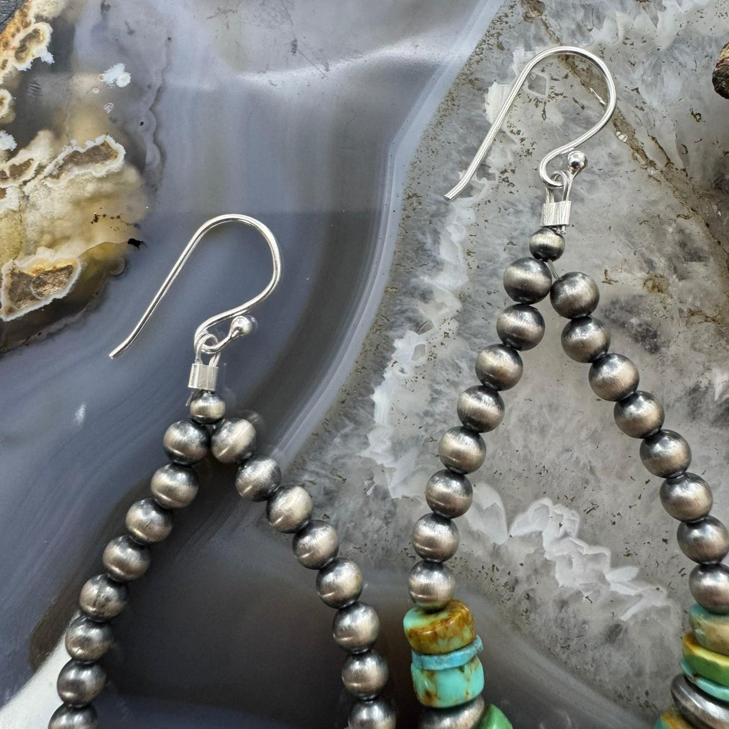 Sterling Silver 4-8mm Navajo Pearl Southwester Style & Turquoise Bead Hoop Earrings For Women