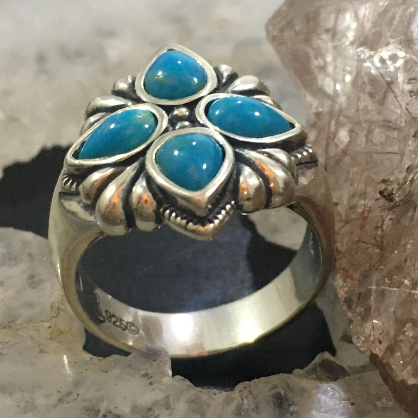 Carolyn Pollack Southwestern Style Sterling Silver 4 Sleeping Beauty Turquoise Cluster Ring For Women