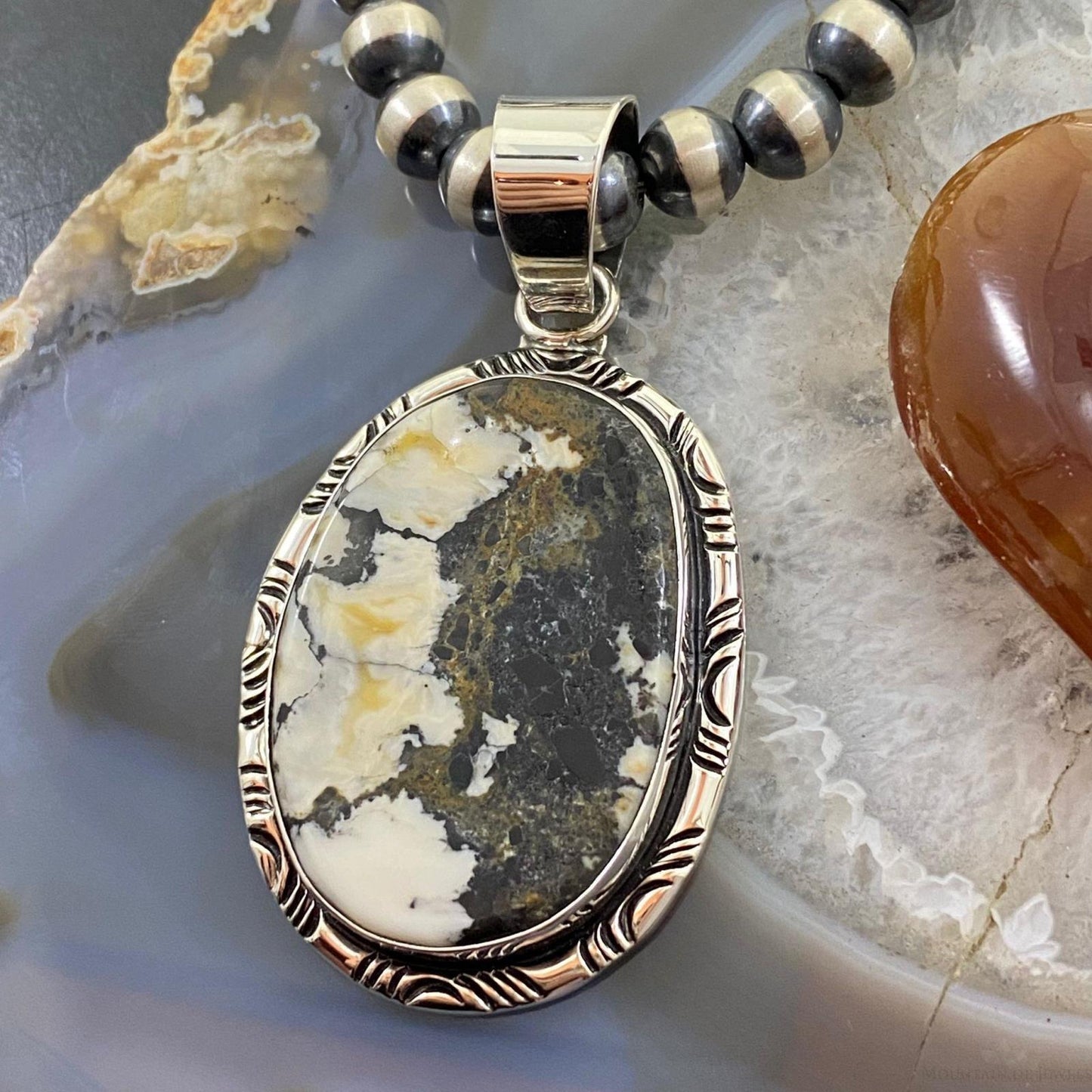 Native American Sterling Silver Oval White Buffalo Unisex Pendant