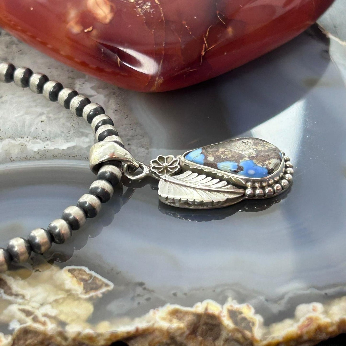 Sterling Silver Southwestern Style Teardrop Golden Hill Turquoise Leaves Pendant For Women
