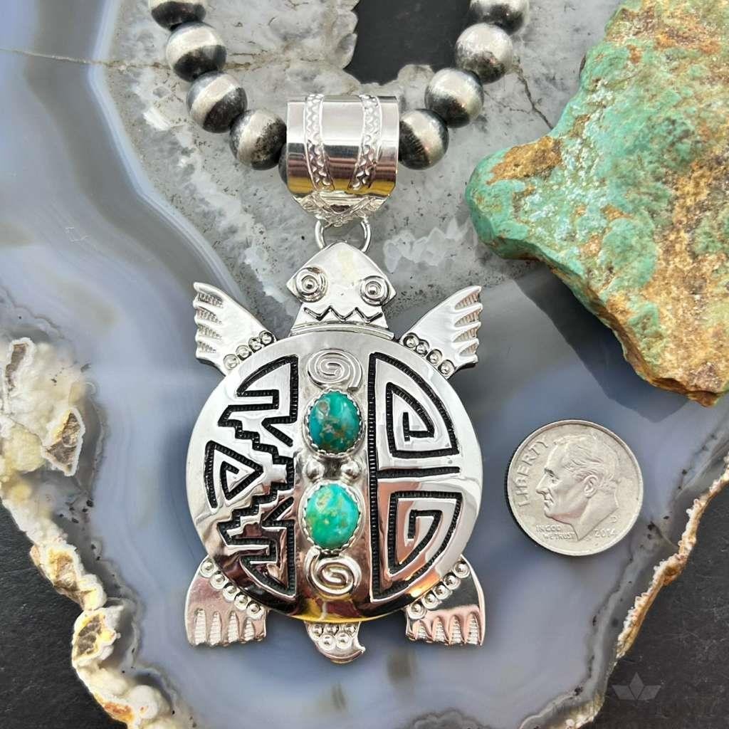 Alonzo Mariano Sterling Silver Overlay Turtle & 2 Turquoise Unisex Pendant