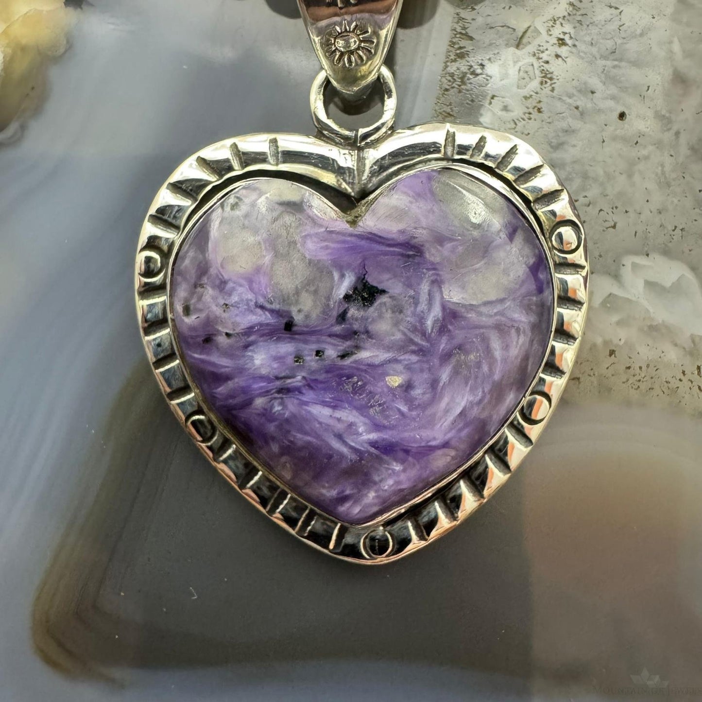 Sterling Silver Southwestern Style Charoite Heart Shape Pendant For Women