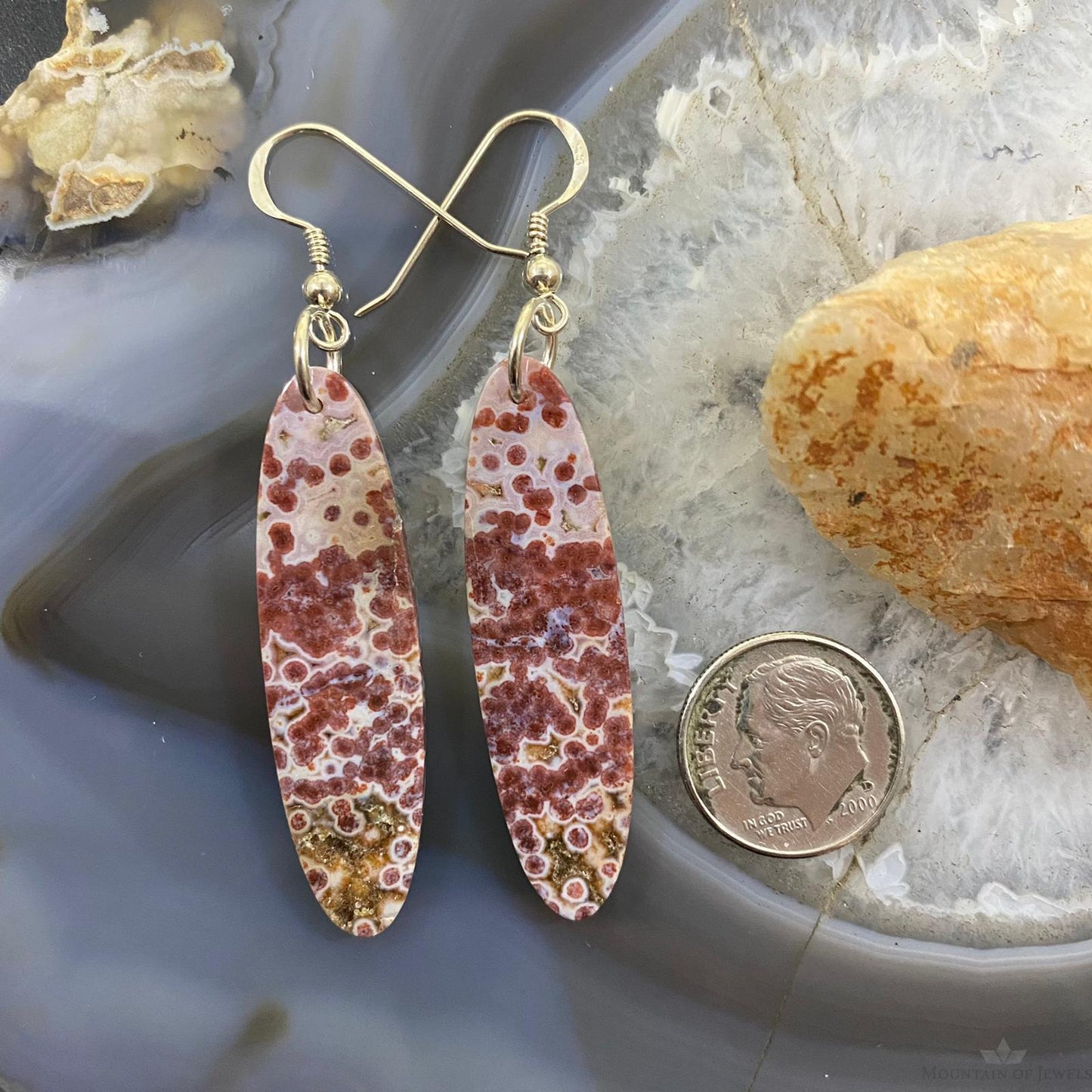 Sterling Silver Oval Red Jasper Slab Dangle Earrings For Women #087