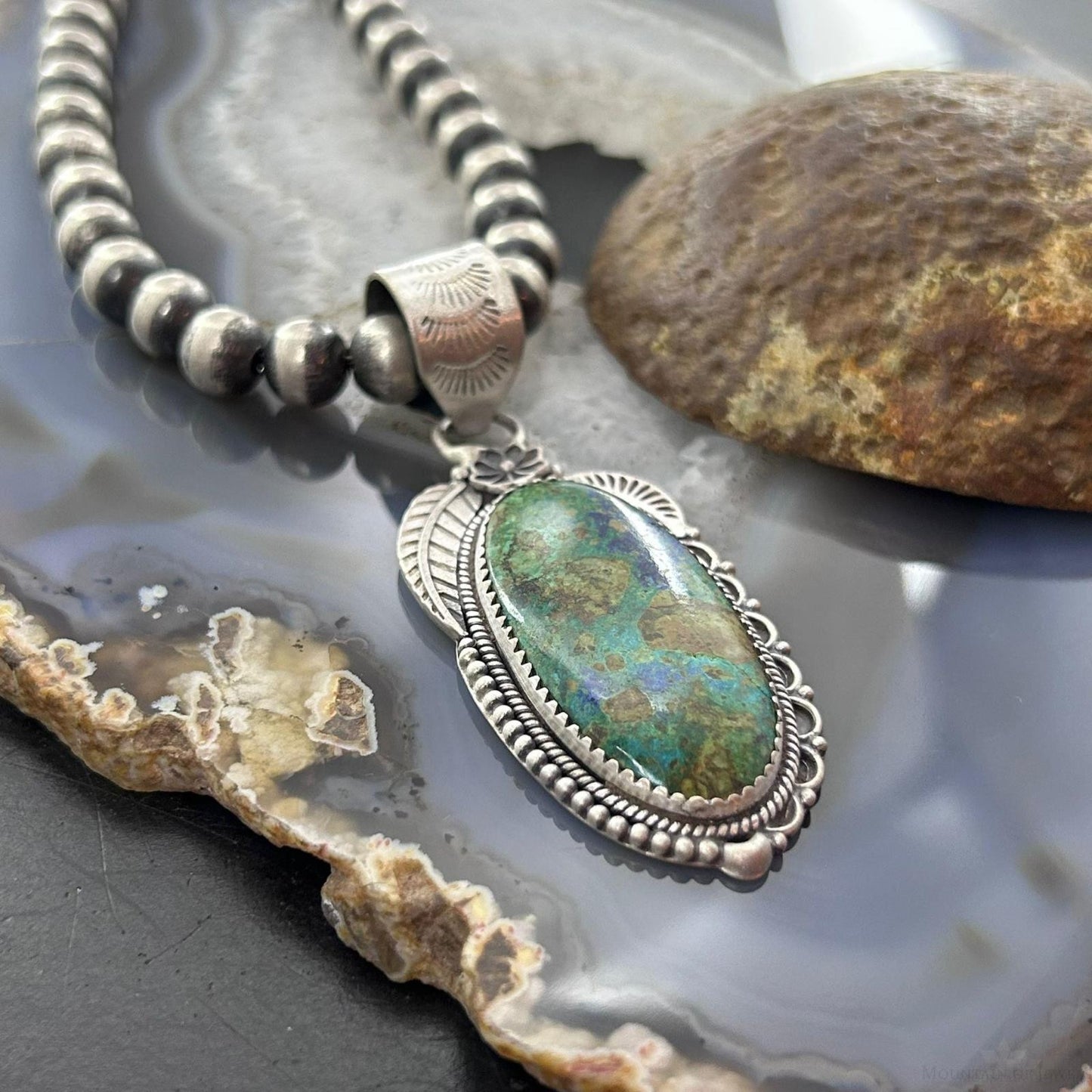 Sterling Silver Southwestern Style Elongated Chrysocolla Decorated Pendant For Women