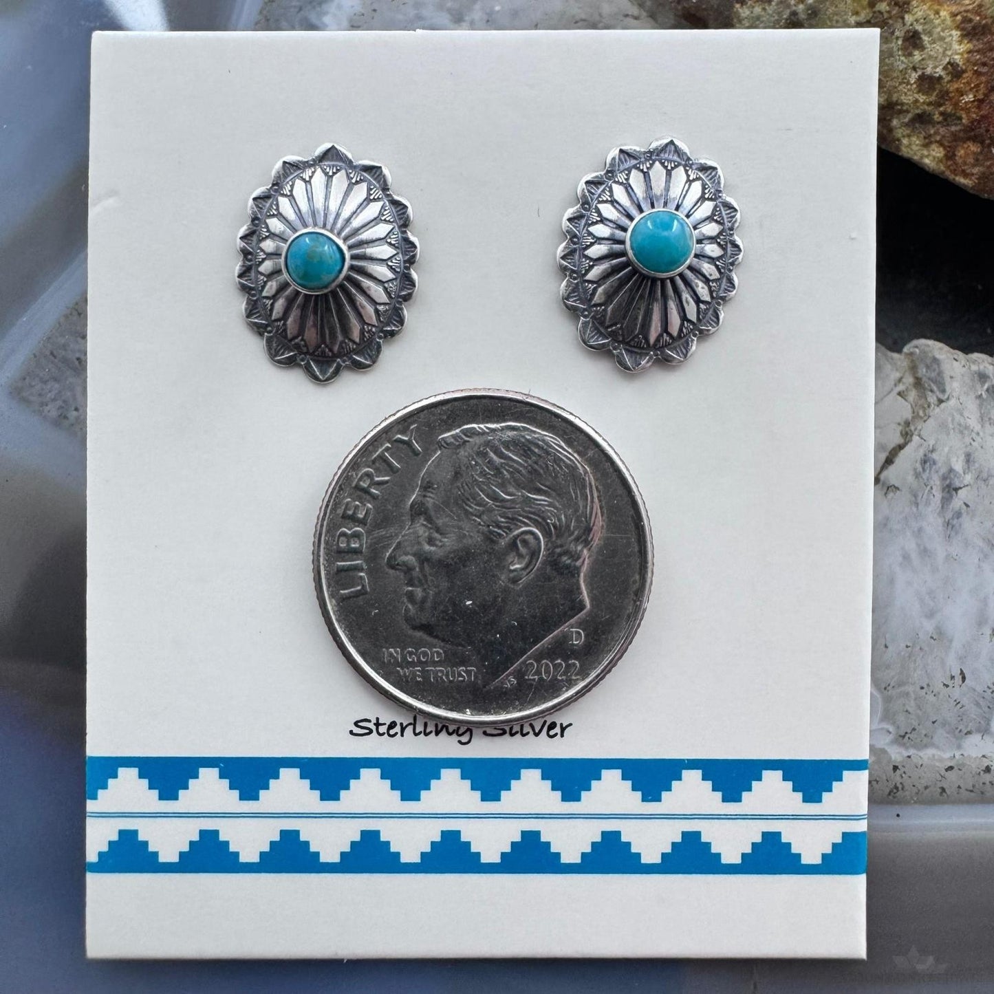Sterling Silver Repousse Oval Concho with Turquoise Stud Earrings For Women