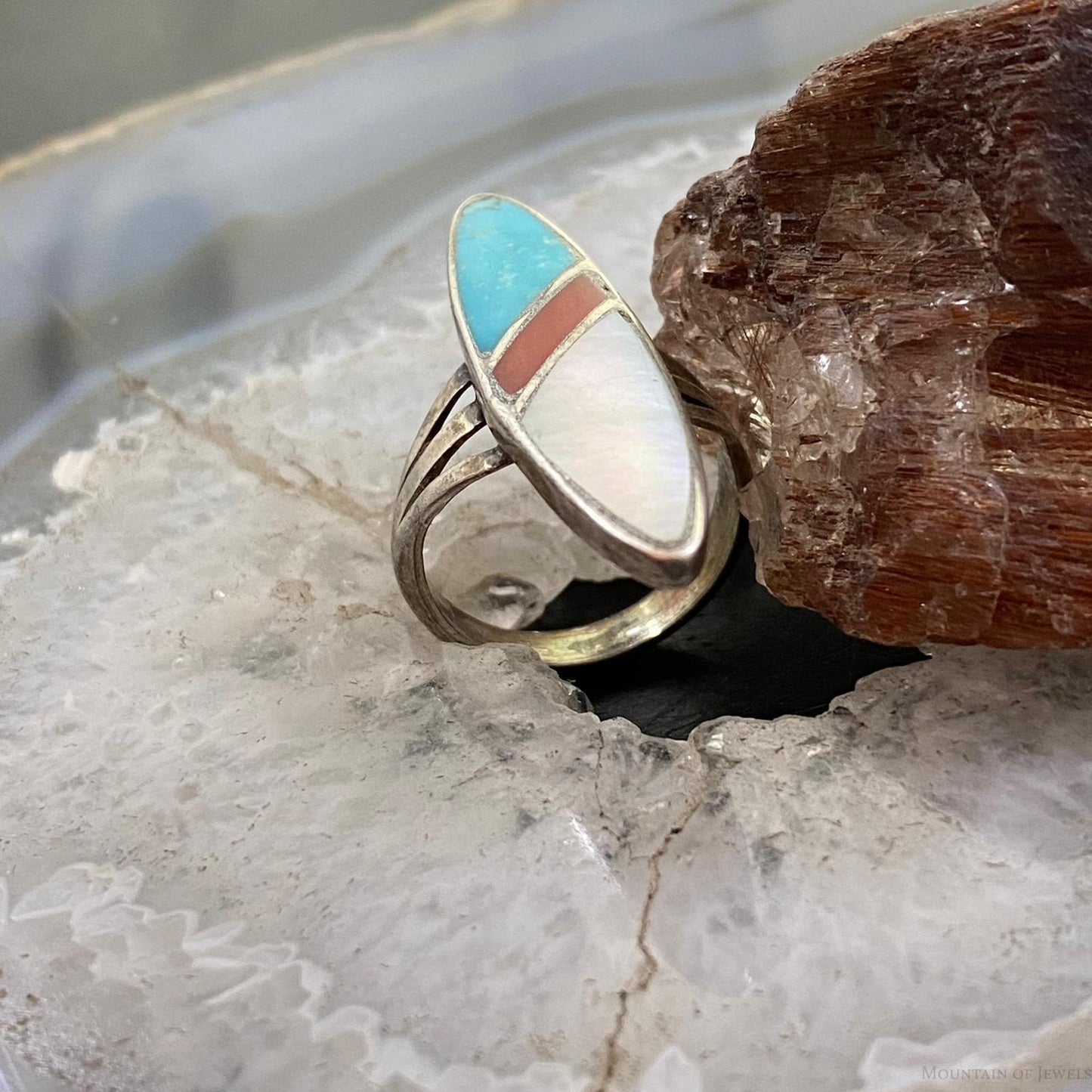 Vintage Native American Silver Marquise Multi Stone Channel Inlay Ring Size 7