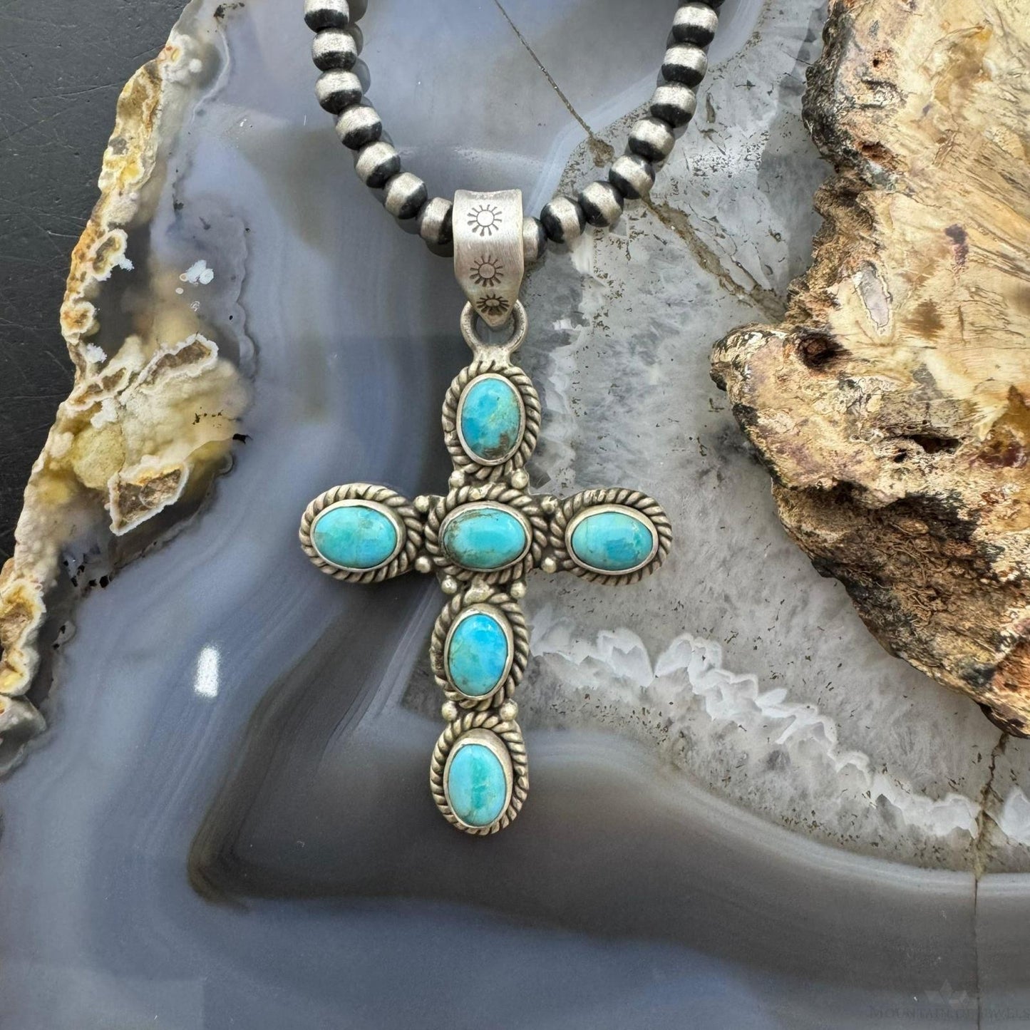 Sterling Silver Southwestern Style 6 Oval Turquoise Decorated Unisex Cross Pendant