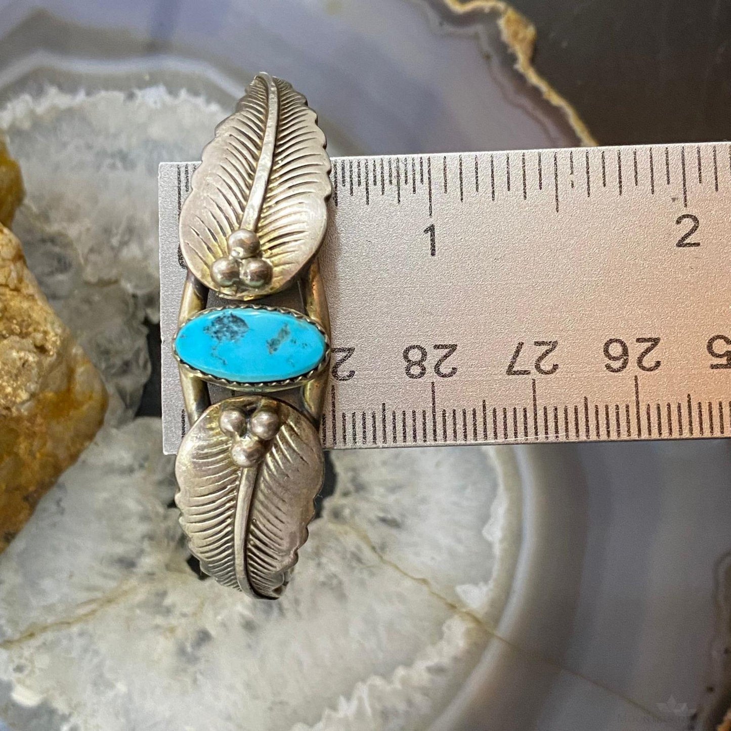 Vintage Native American Silver Oval Turquoise w/2 Feathers Bracelet For Women
