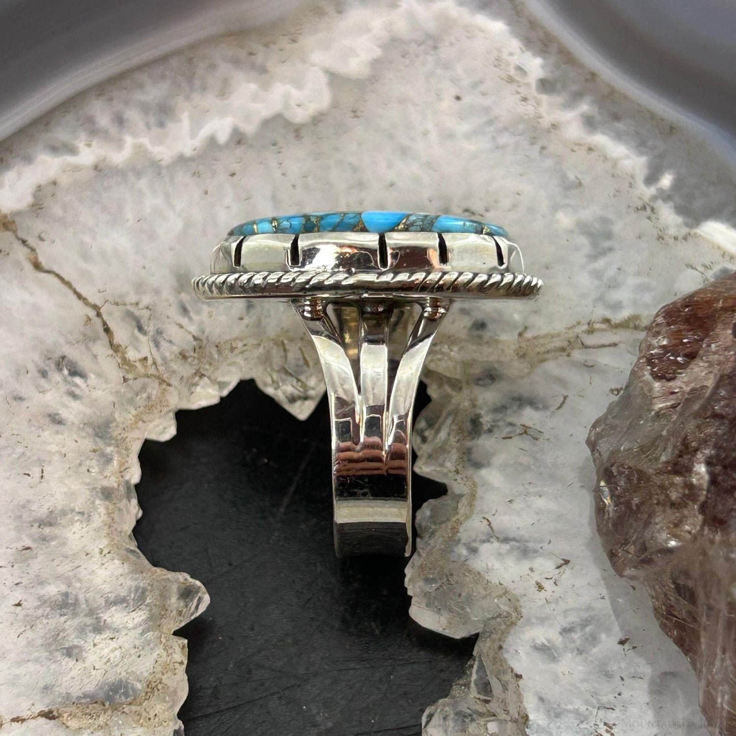 Sterling Silver Southwestern Style Oval Blue Copper Turquoise Ring Size 8.5 For Women