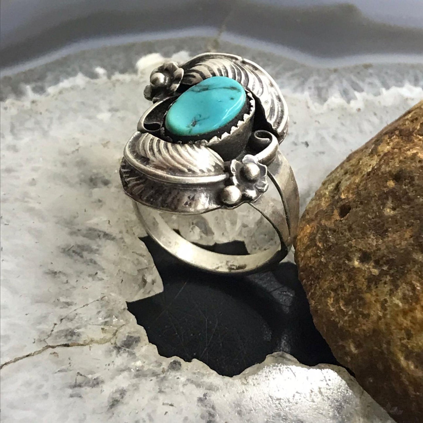 Vintage Signed Native American Silver Turquoise Floral Ring Size 7.5 For Women