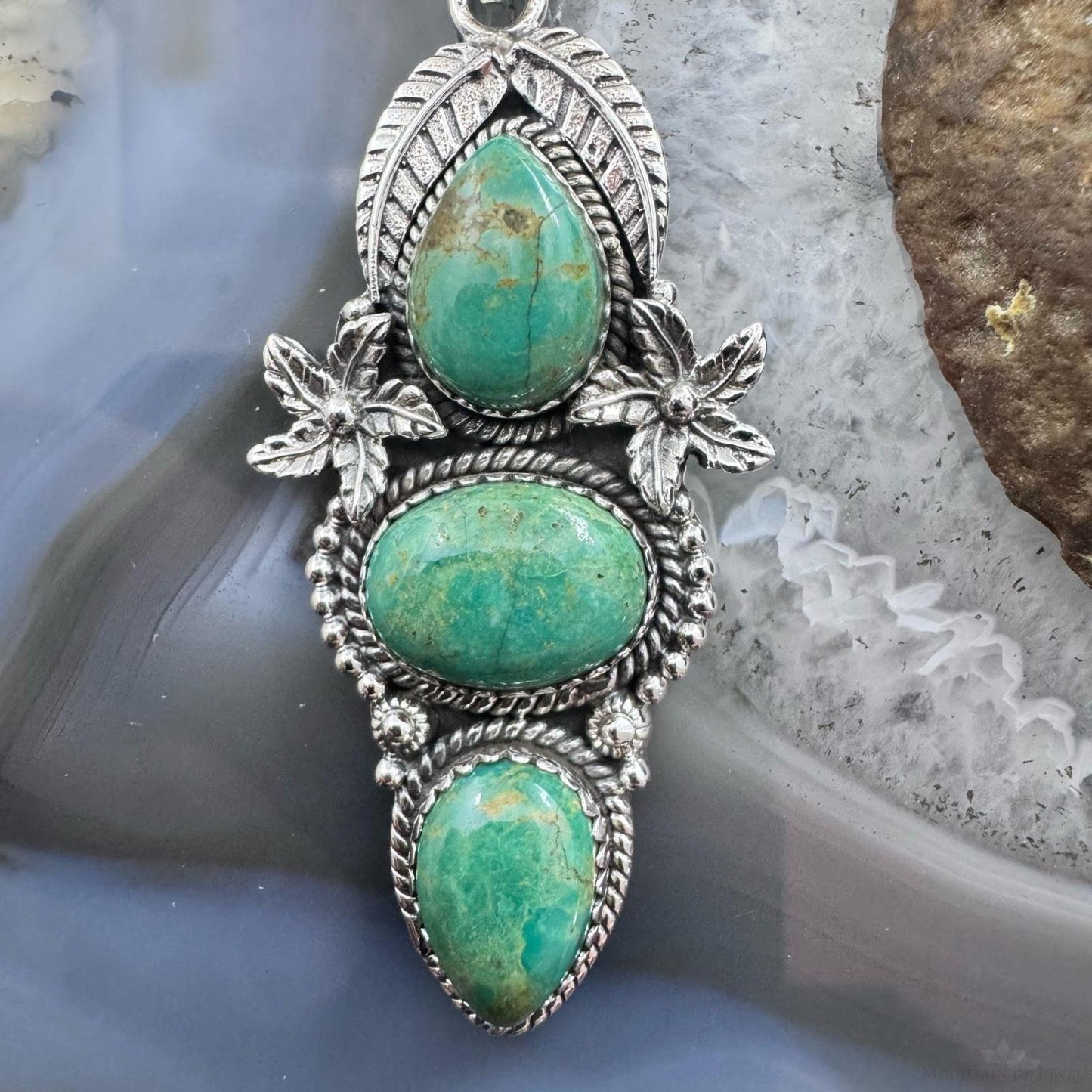 Sterling Silver Southwestern Style Triple Turquoise Decorated Pendant For Women