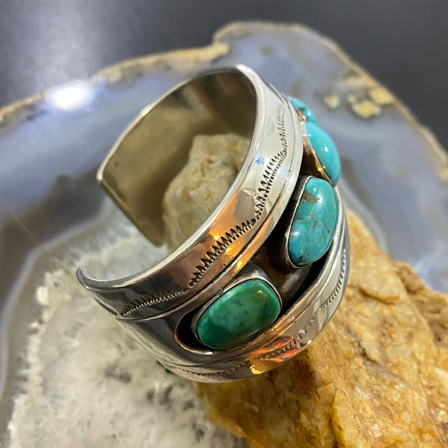 Vintage Native American Silver 5 Kingman Turquoise Shadow Box Bracelet For Women