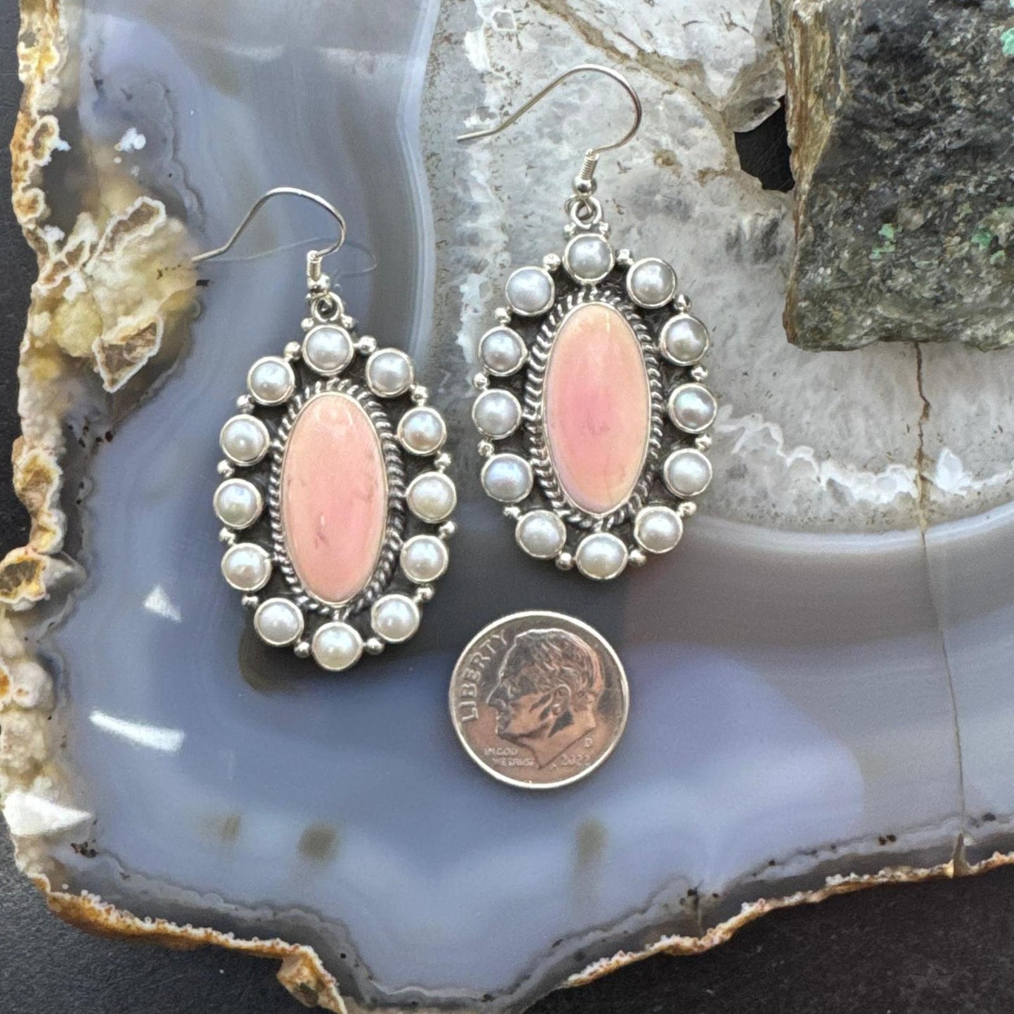 Native American Sterling Silver Oval Pink Conch w/Gray Pearls Dangle Earrings For Women