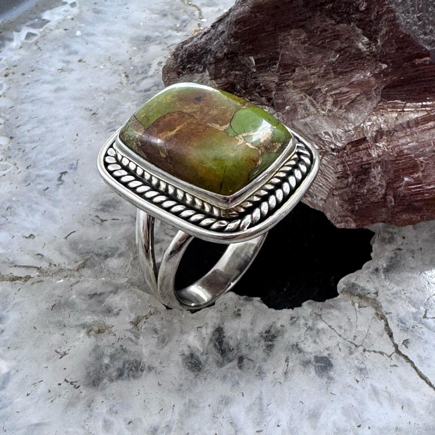 Sterling Southwestern Style Atlantisite & Green Copper Bar Ring Size 6.75 For Women