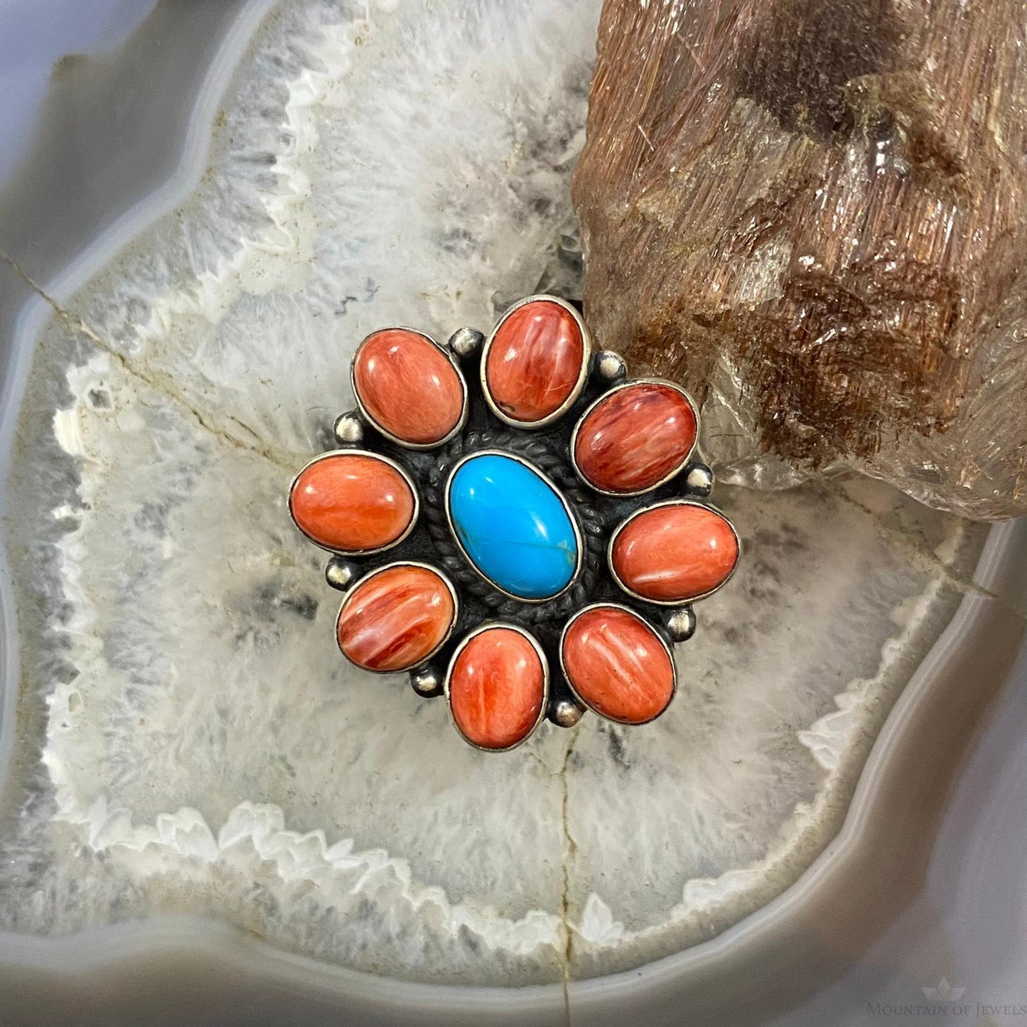 Native American Sterling Spiny Oyster & Turquoise Cluster Ring Size 8 For Women