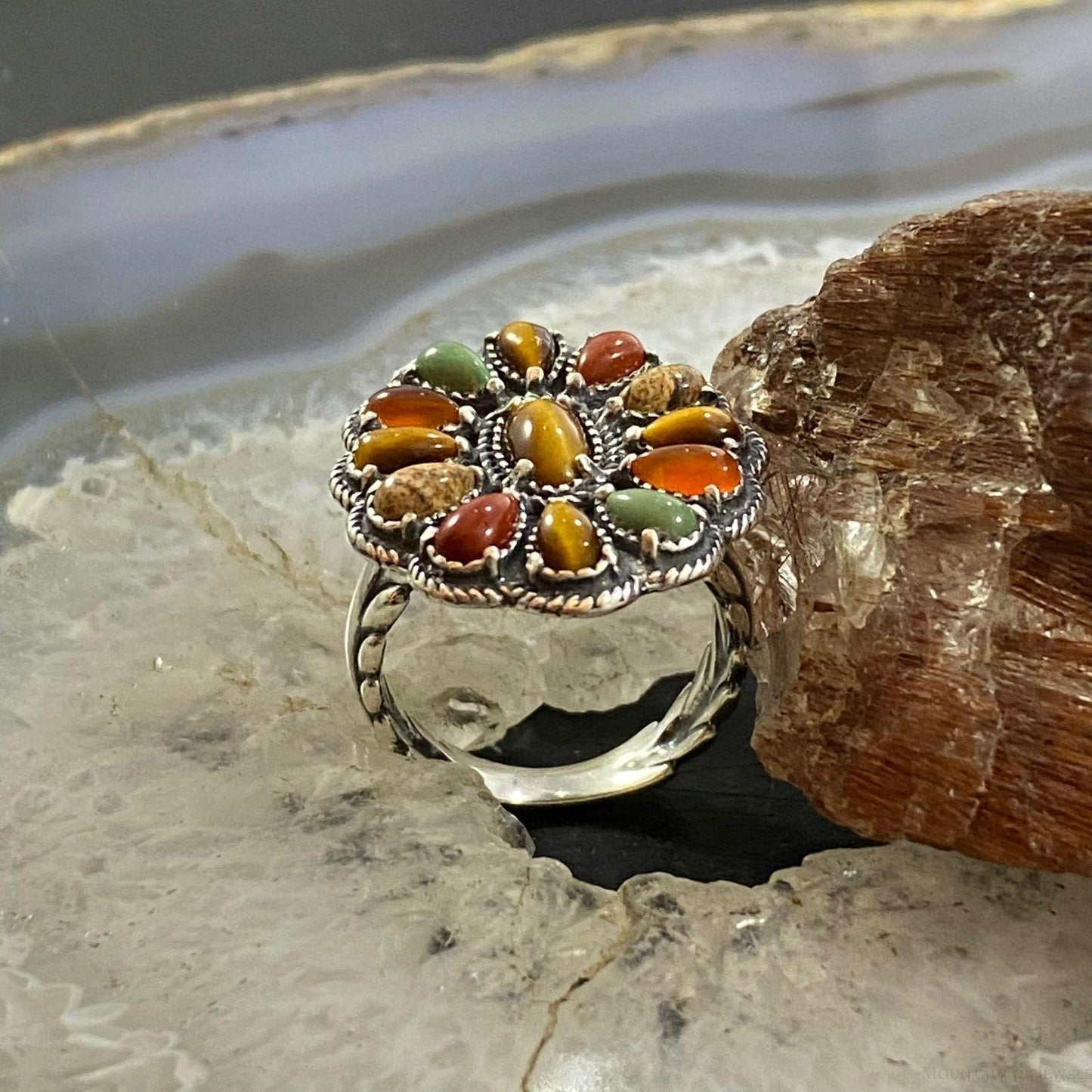 Carolyn Pollack Southwestern Style Sterling Silver Multi-gemstone Decorated Flower Cluster Ring For Women