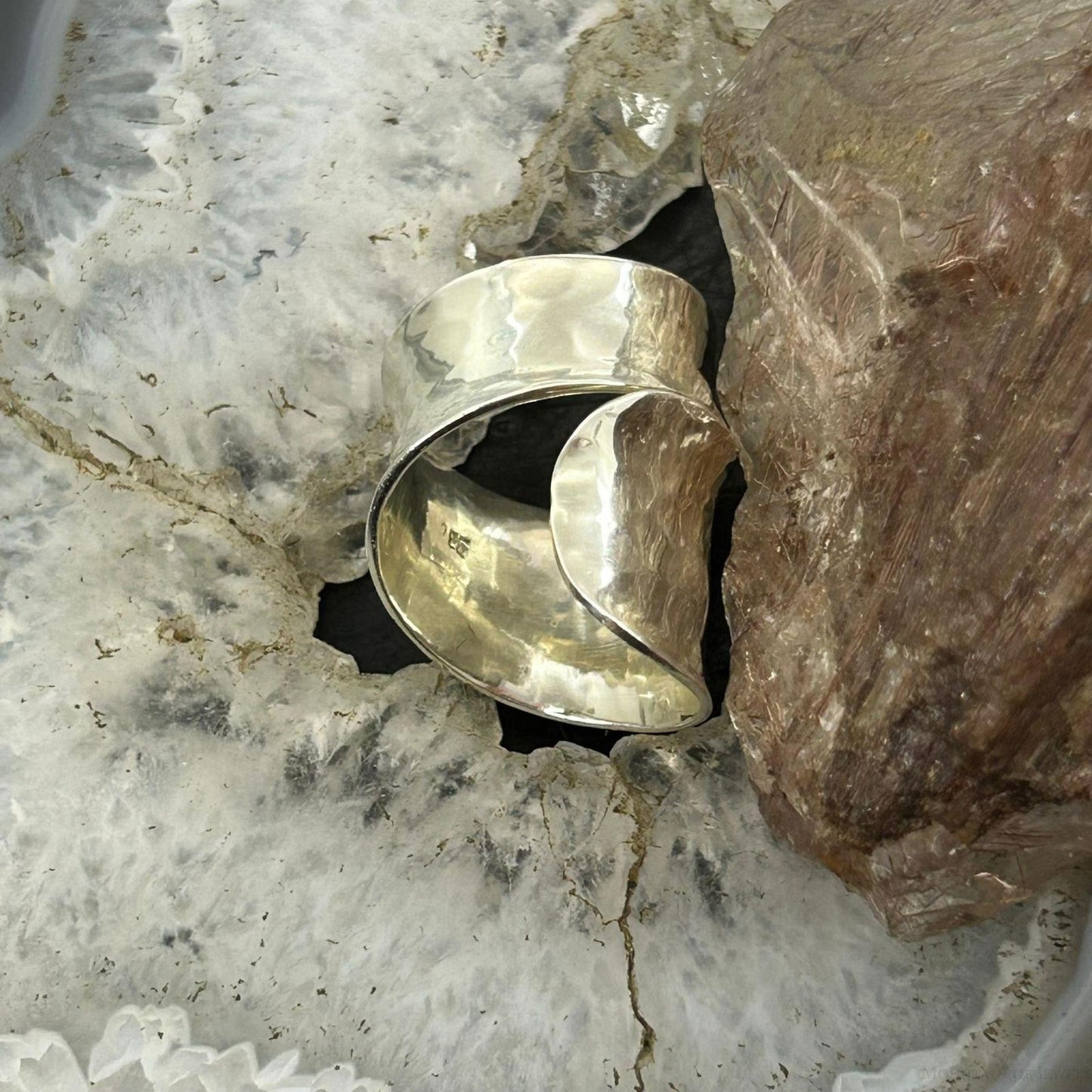 Sterling Silver Hammered Wide Warp Around Fashion Ring For Women, Taxco Mexico