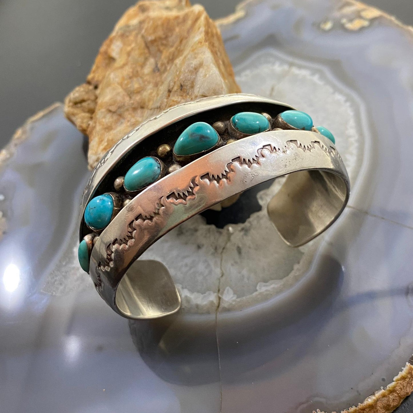 Vintage Native American Silver Shadow Box Turquoise Tapered Bracelet For Women