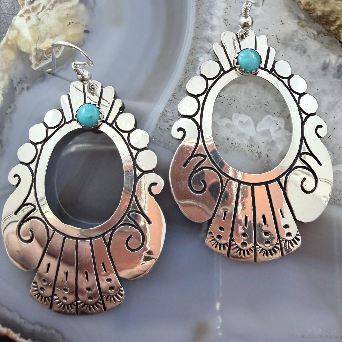 Tommy & Rosita Singer Sterling Silver Turquoise Dot Engraved Dangle Earrings For Women