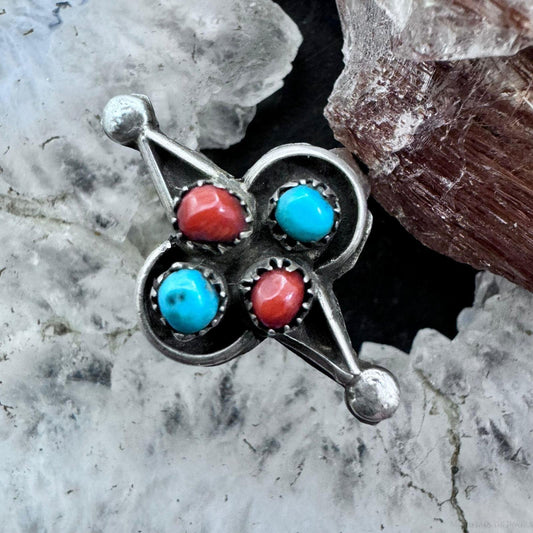 Vintage Native American Silver Turquoise & Coral Dot Ring Size 6 For Women