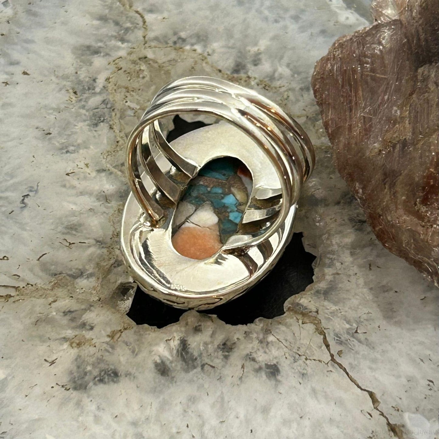 Sterling Silver Southwestern Style Oval Spiny Oyster Turquoise Ring Size 9 For Women