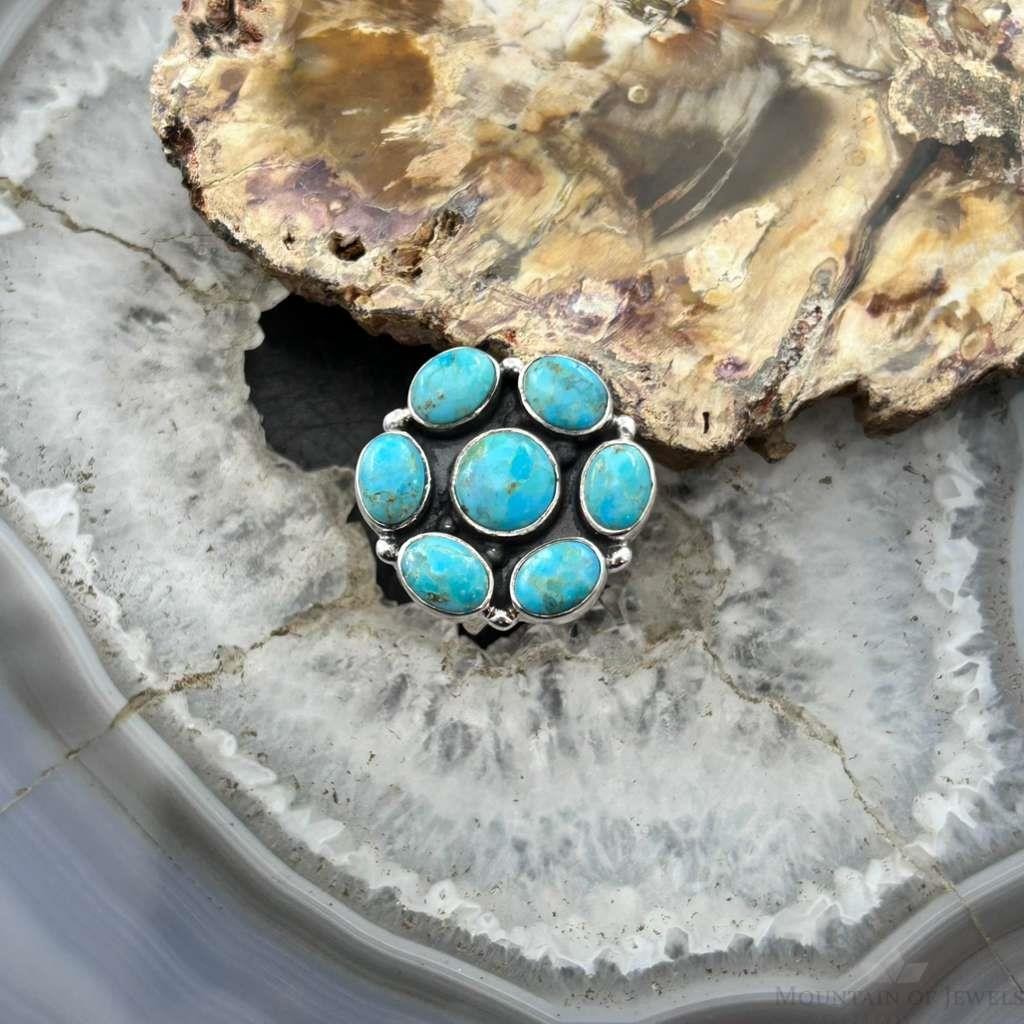 Sterling Silver Southwestern Style Mohave Turquoise Cluster Ring Size 7.5 For Women