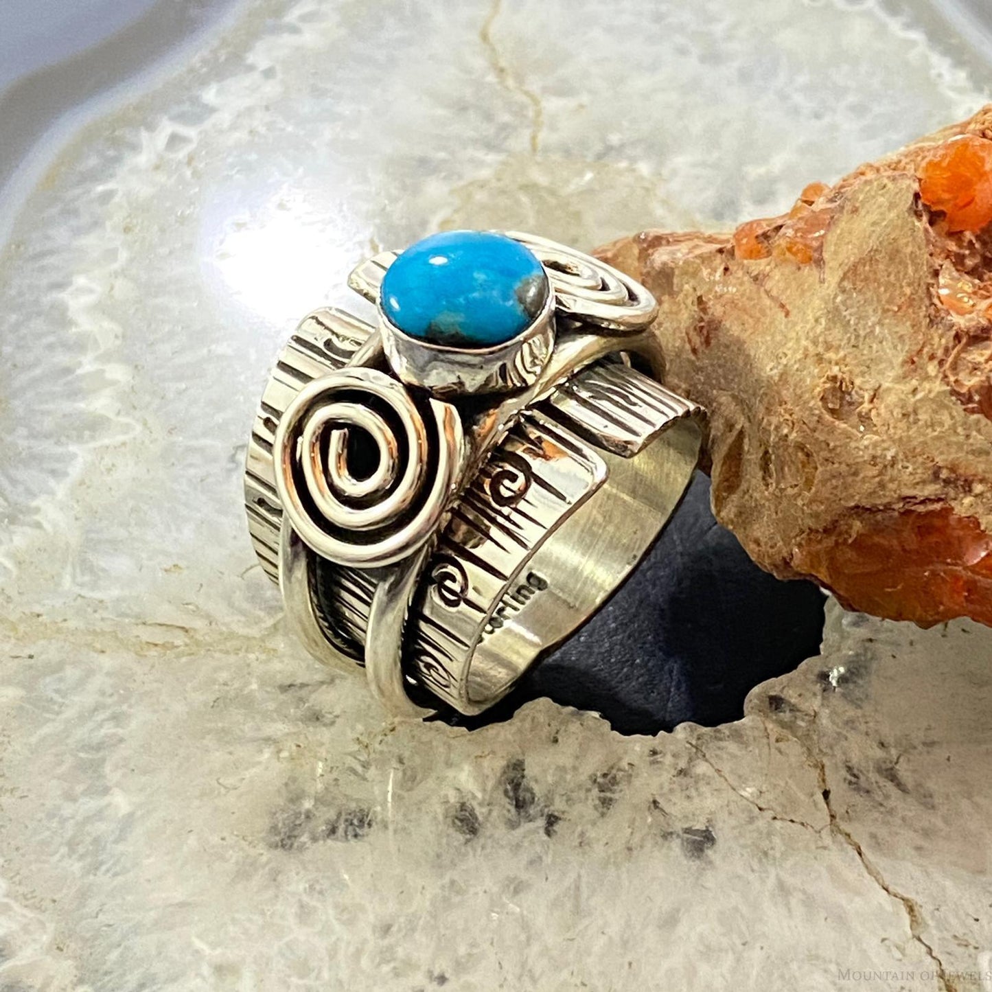 Alex Sanchez Sterling Silver Turquoise Petroglyph Band Ring Size 8.75 For Women