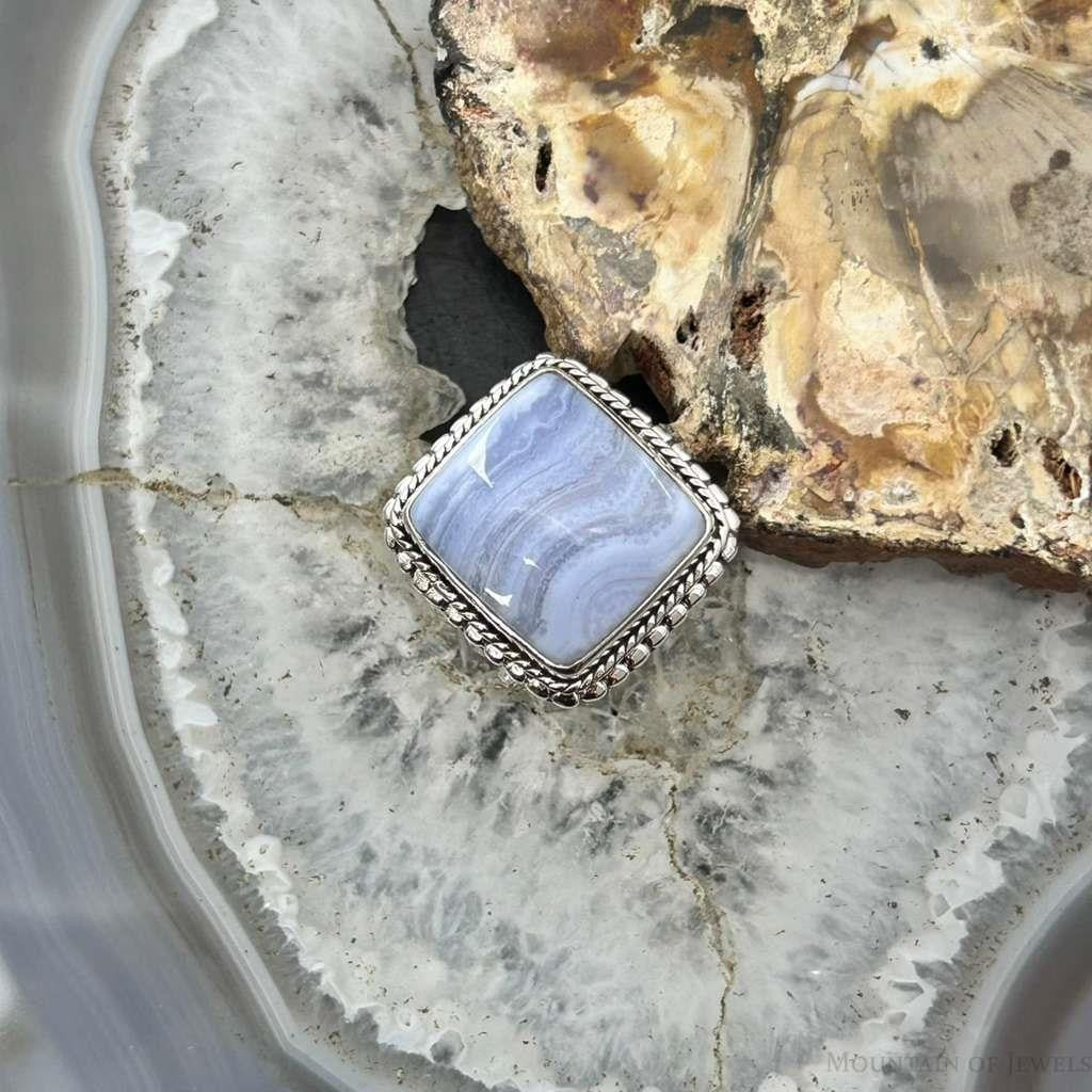 Sterling Silver Southwestern Style Square Blue Lace Agate Ring Size 7.5 For Women