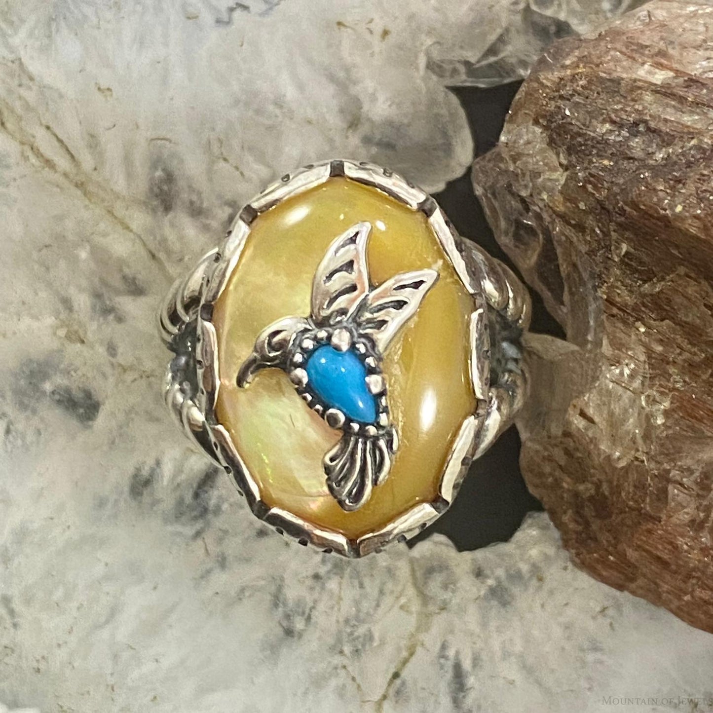 Carolyn Pollack Southwestern Style Sterling Silver Gold Mother of Pearl/Turquoise Hummingbird Ring For Women