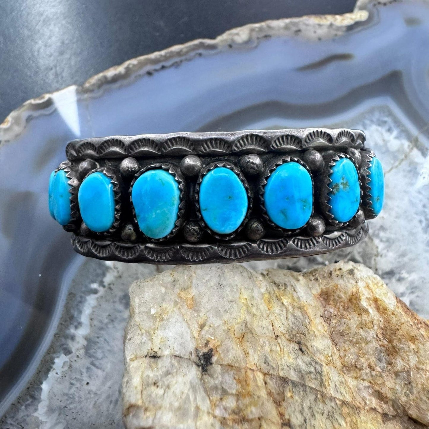 Tim Yazzie Vintage Native American Sterling Silver Turquoise Row Bracelet For Women
